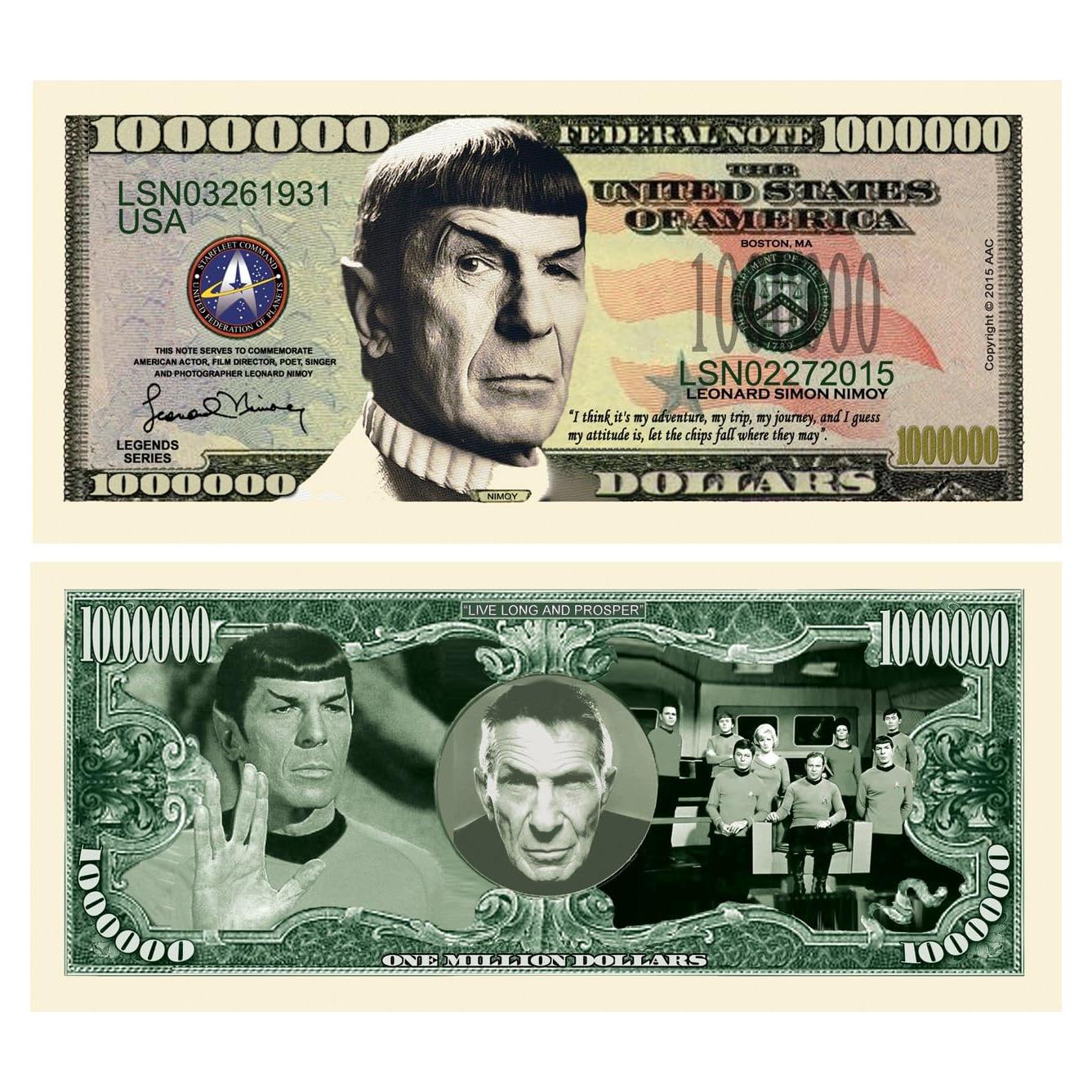 Juego de 5 Billetes Coleccionables Un Millón Leonard Nimoy