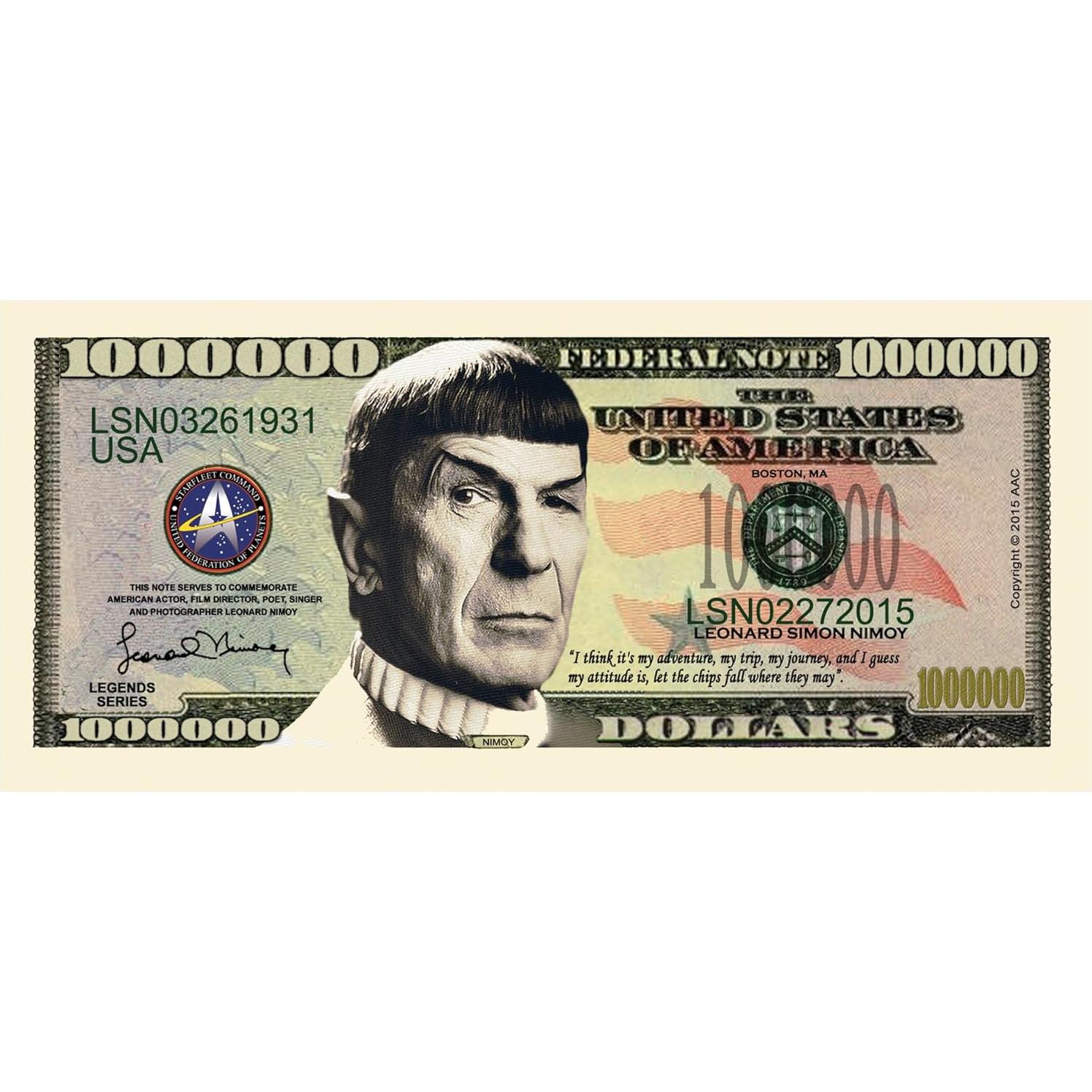Juego de 5 Billetes Coleccionables Un Millón Leonard Nimoy