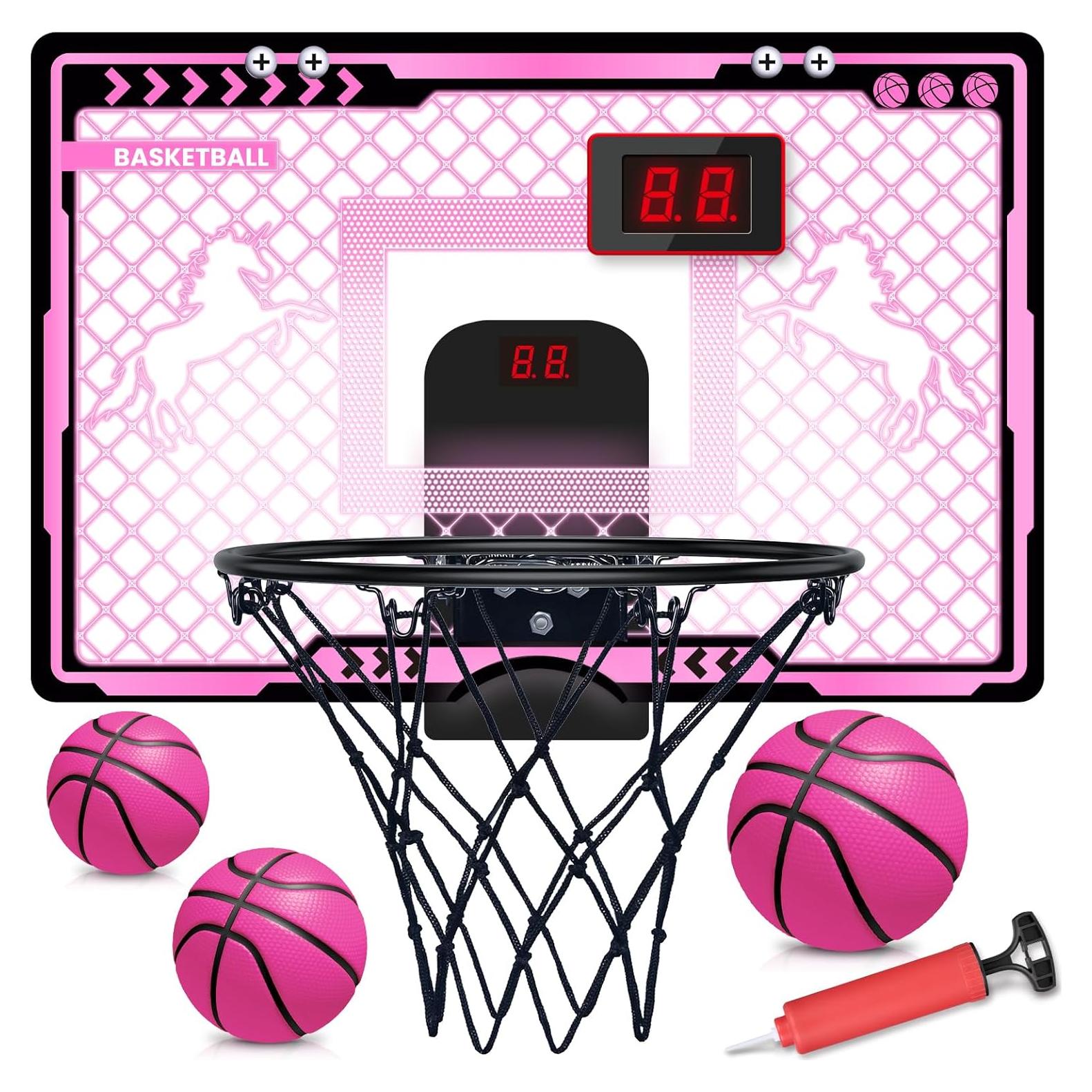 Aro de Baloncesto Interior KAISASA Unicornio Rosa 38 cm con Marcador LED