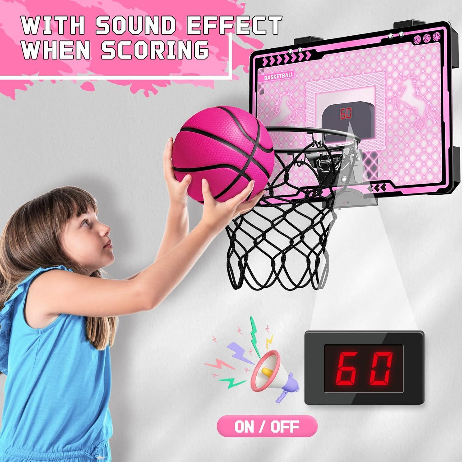 Aro de Baloncesto Interior KAISASA Unicornio Rosa 38 cm con Marcador LED