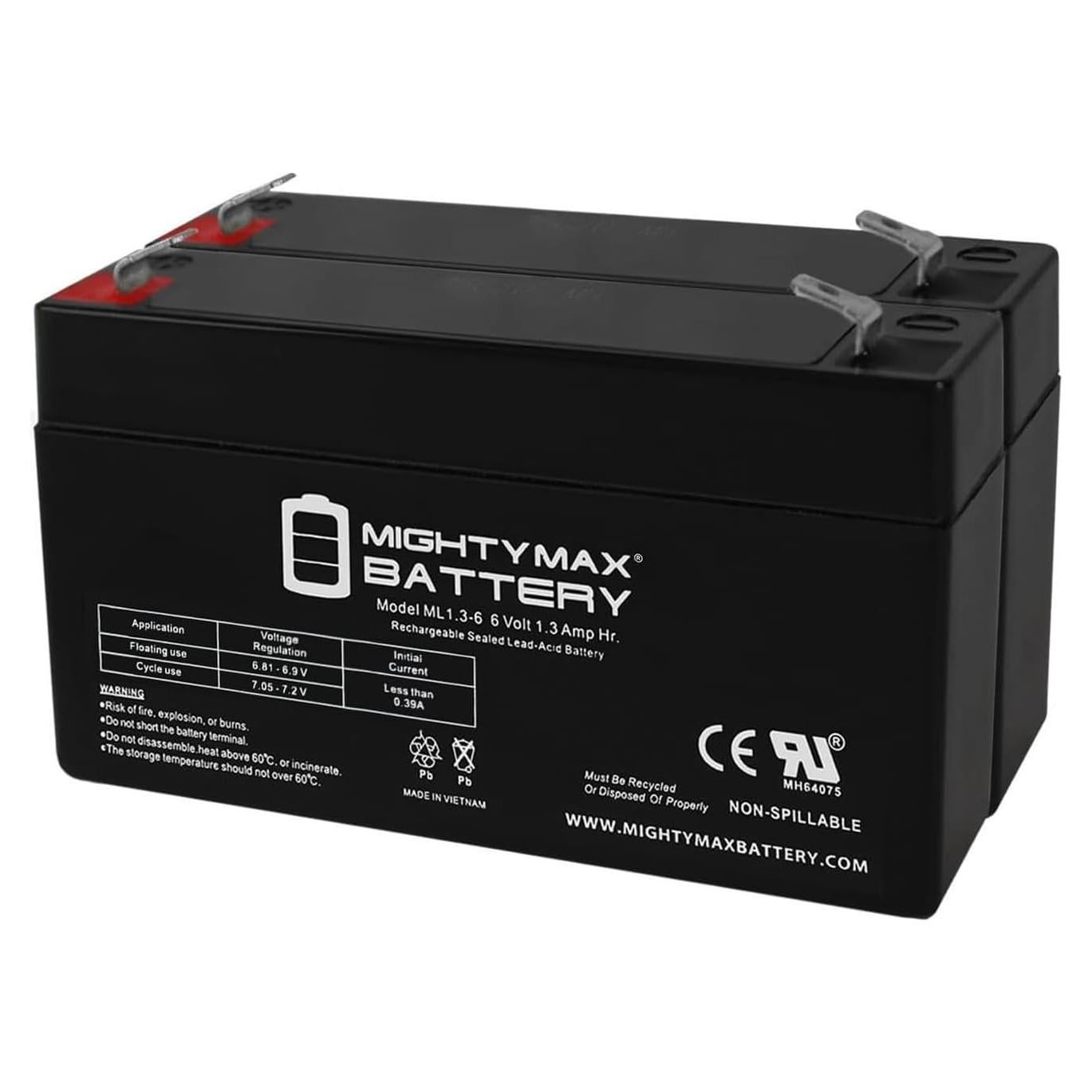 Batería recargable Mighty Max 6V 1.3AH - Paquete de 2