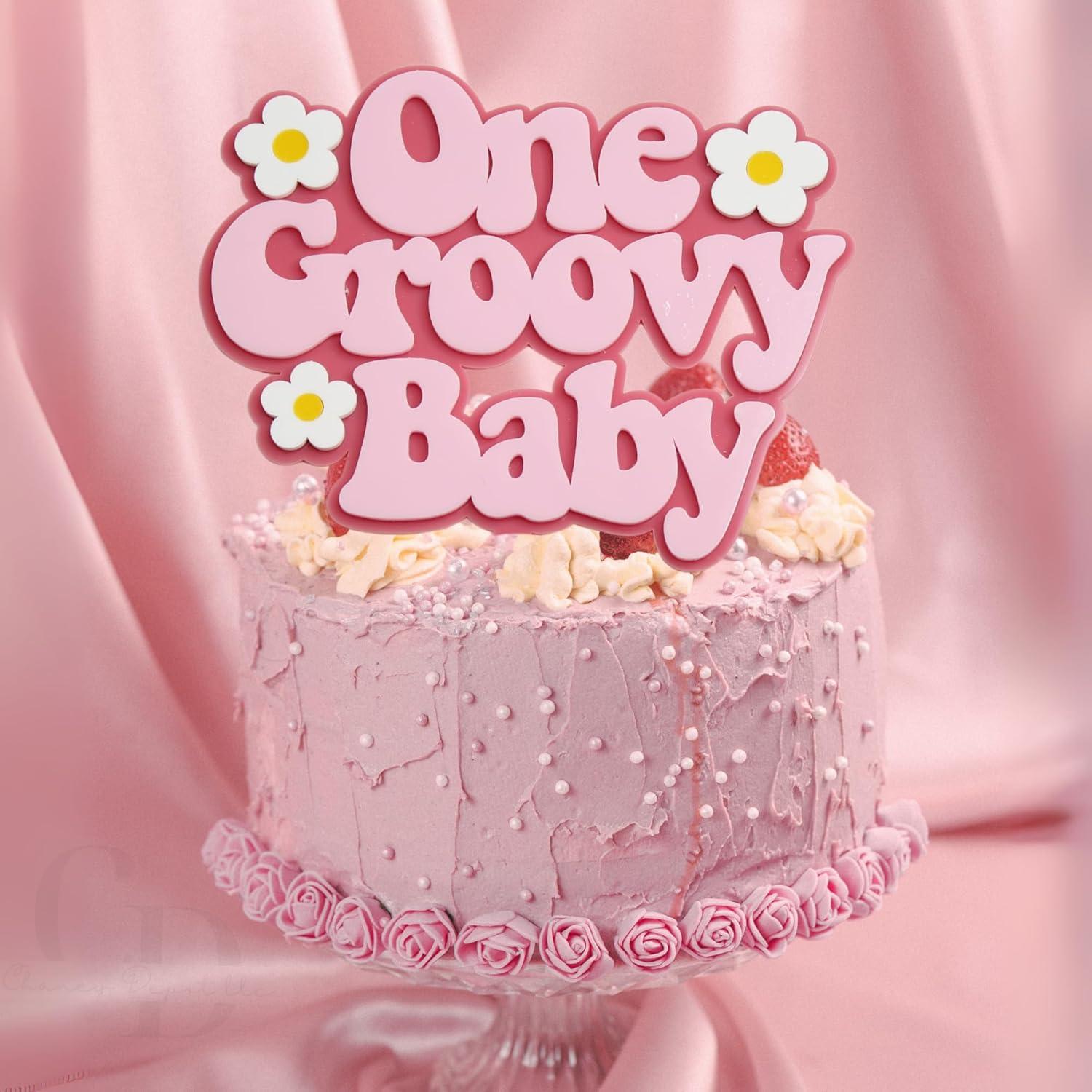 Cake Topper Acrílico Rosa Doble Capa Un Bebé Groovy 15cm