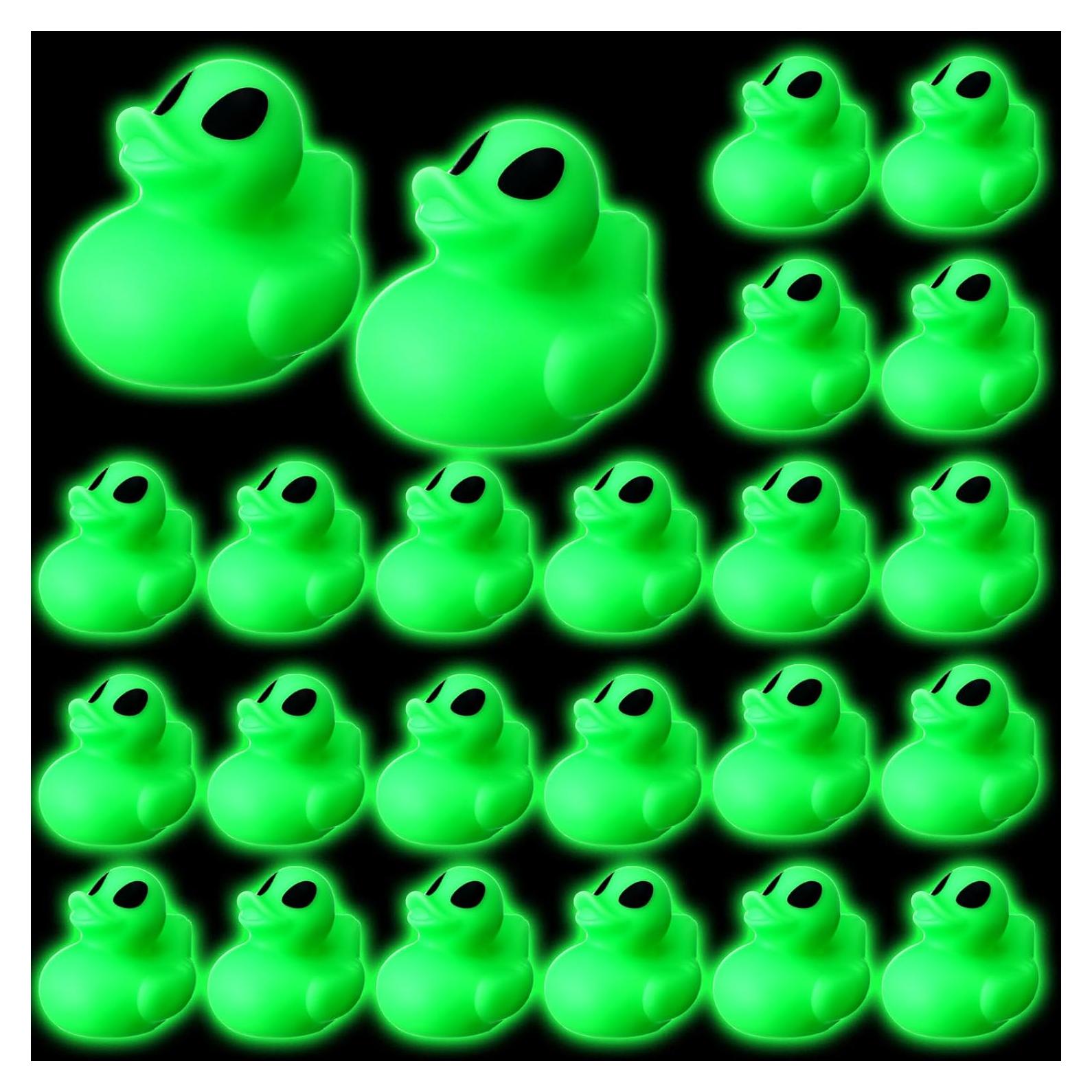 Leyndo 24 Alien Duck Figures Halloween Glow in The Dark Rubber Aliens Party Favors Decoration Green Squeaky Duck Figurine to Hide and Seek Bath Toys Bag Fillers Bulk Gifts for Space Party Supplies