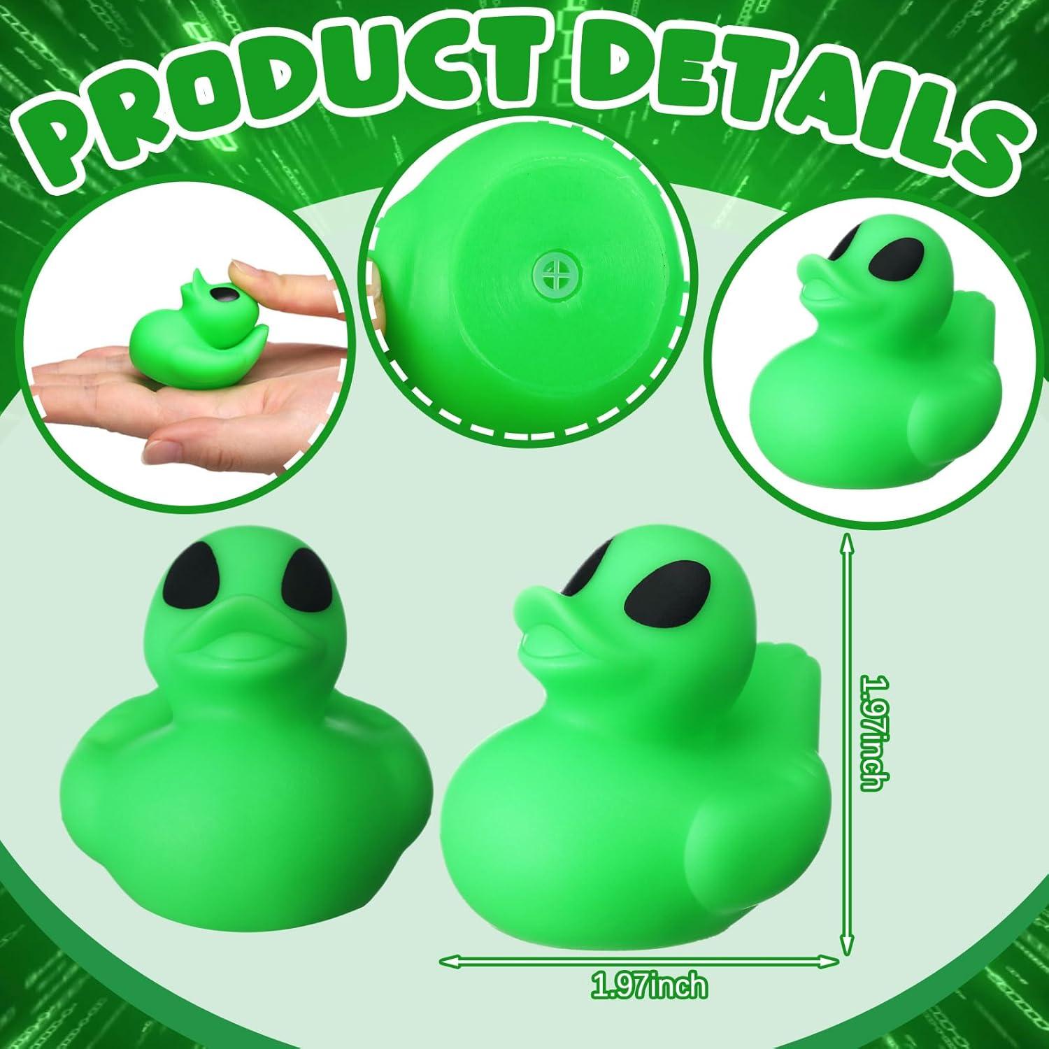 Leyndo 24 Alien Duck Figures Halloween Glow in The Dark Rubber Aliens Party Favors Decoration Green Squeaky Duck Figurine to Hide and Seek Bath Toys Bag Fillers Bulk Gifts for Space Party Supplies