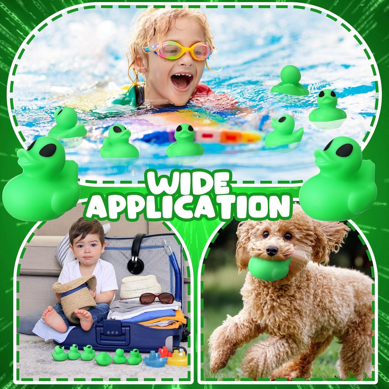 Leyndo 24 Alien Duck Figures Halloween Glow in The Dark Rubber Aliens Party Favors Decoration Green Squeaky Duck Figurine to Hide and Seek Bath Toys Bag Fillers Bulk Gifts for Space Party Supplies