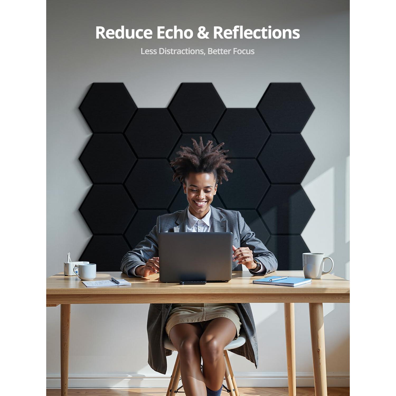 Paneles Acústicos Hexagonales Kuchoow, Paquete de 12, Negro