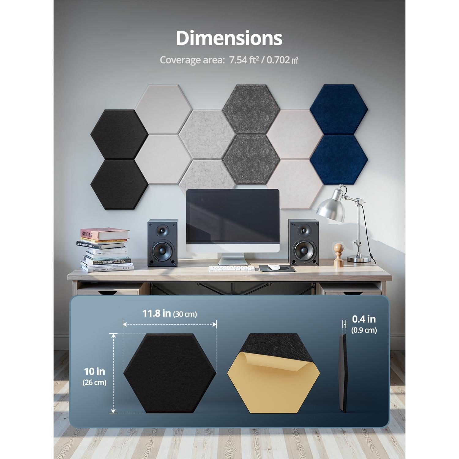 Paneles Acústicos Hexagonales Kuchoow, Paquete de 12, Negro