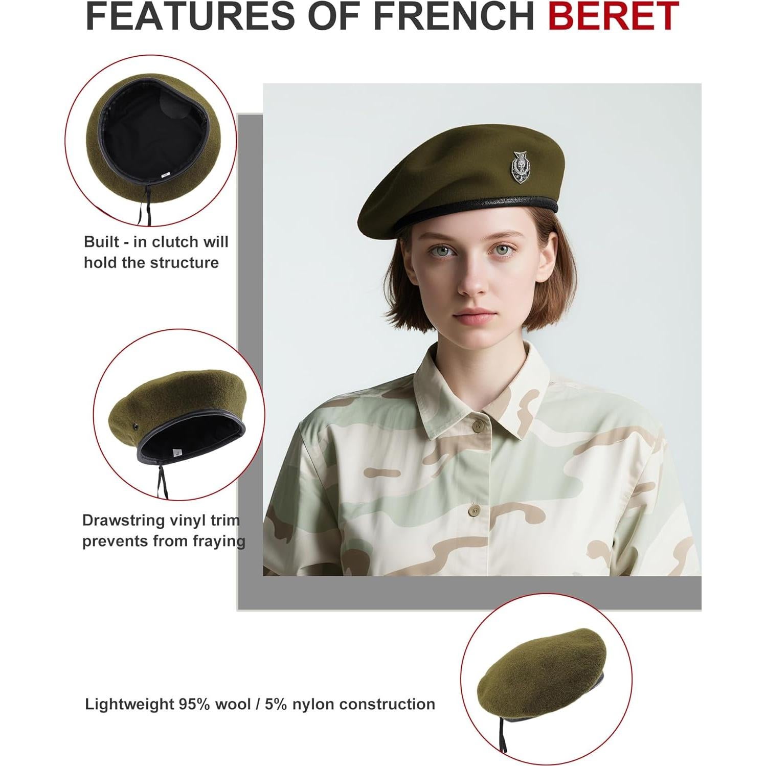 Gorro Beret Militar 100% Lana Verde Oliva para Mujeres