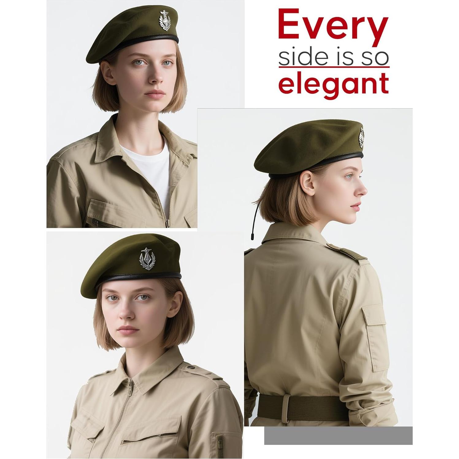 Gorro Beret Militar 100% Lana Verde Oliva para Mujeres