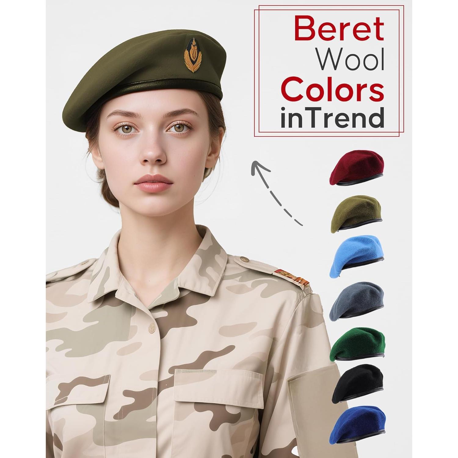 Gorro Beret Militar 100% Lana Verde Oliva para Mujeres