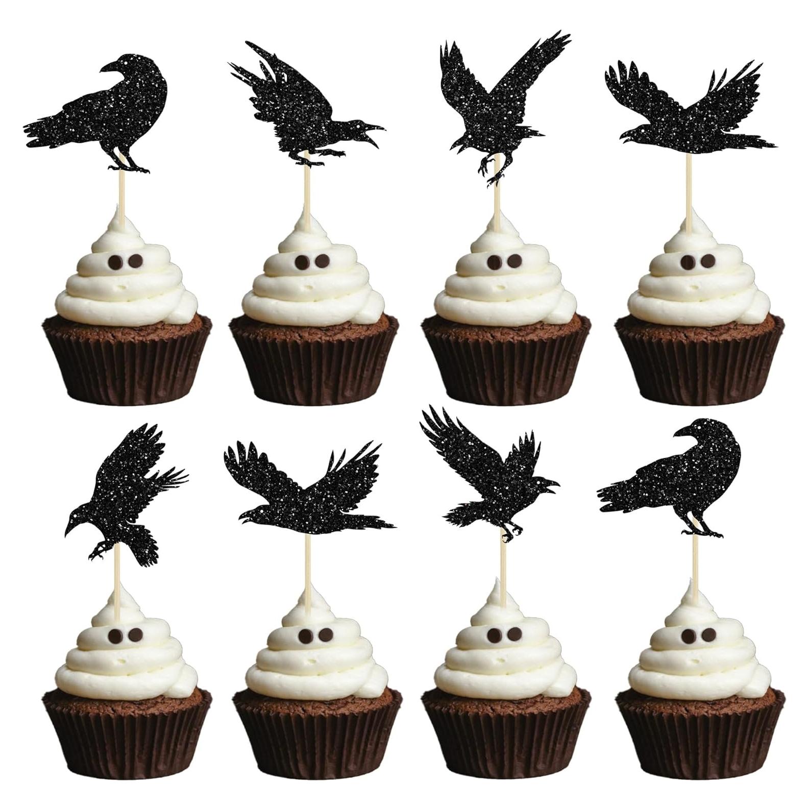 Adornos de Cupcake Halloween Gyufise 24Pcs Cuervo Negro