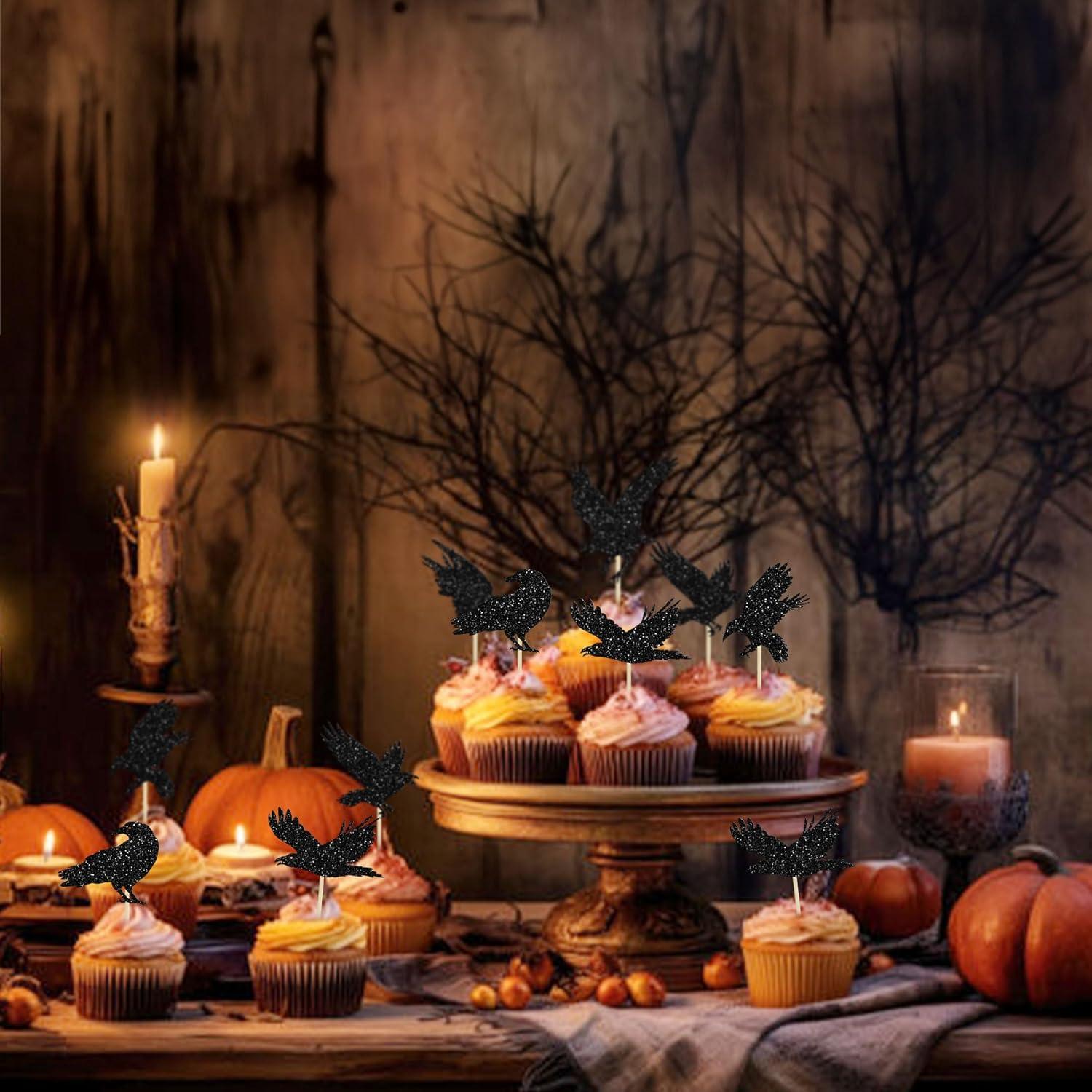 Adornos de Cupcake Halloween Gyufise 24Pcs Cuervo Negro
