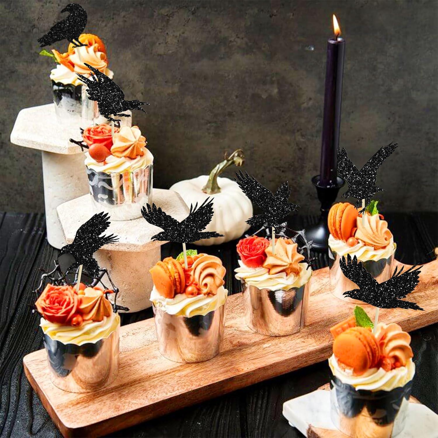 Adornos de Cupcake Halloween Gyufise 24Pcs Cuervo Negro