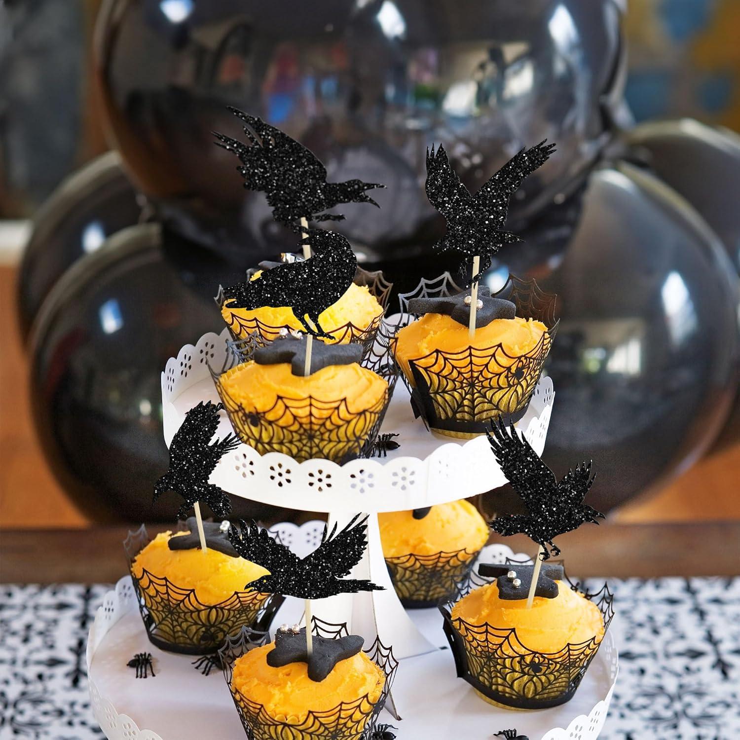 Adornos de Cupcake Halloween Gyufise 24Pcs Cuervo Negro
