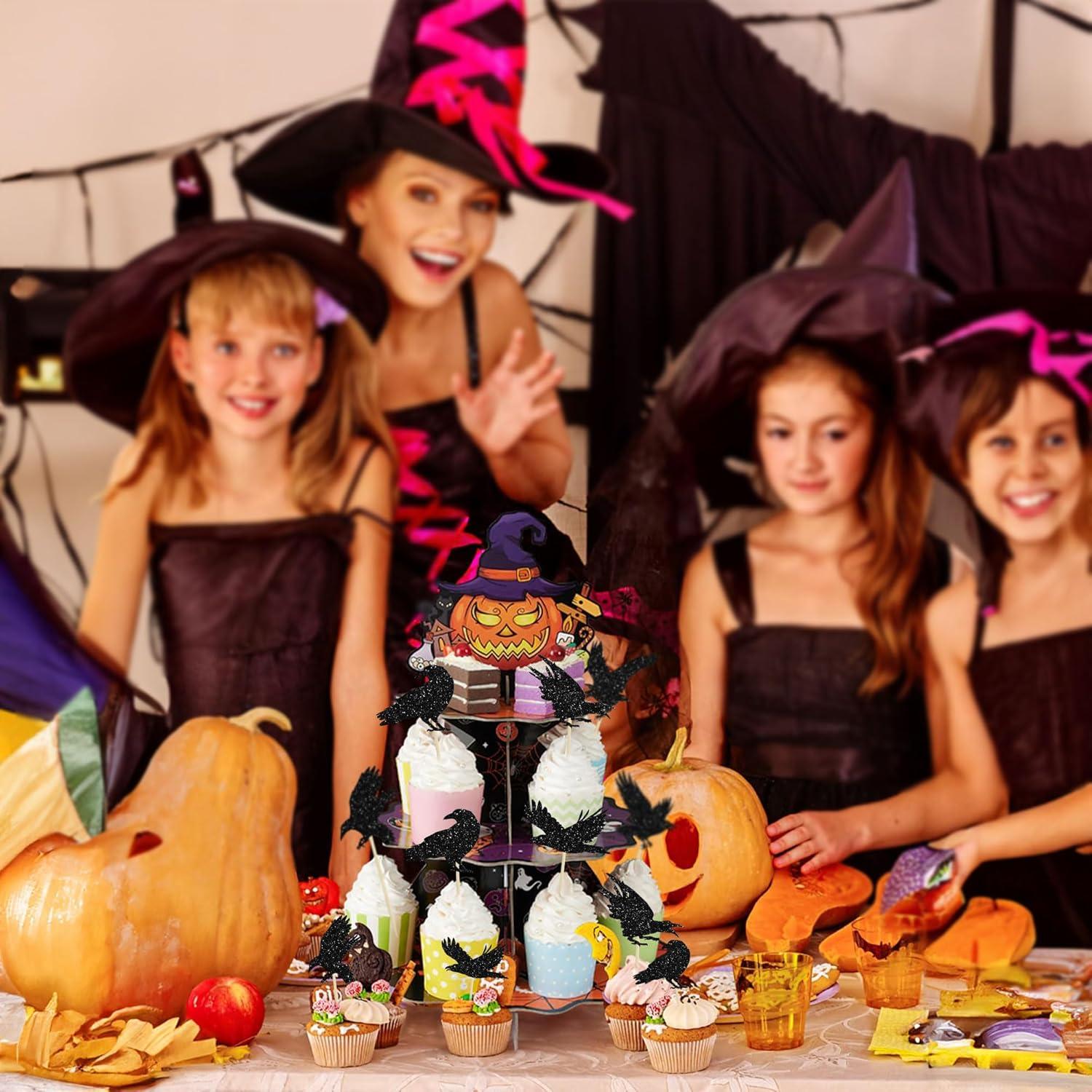 Adornos de Cupcake Halloween Gyufise 24Pcs Cuervo Negro