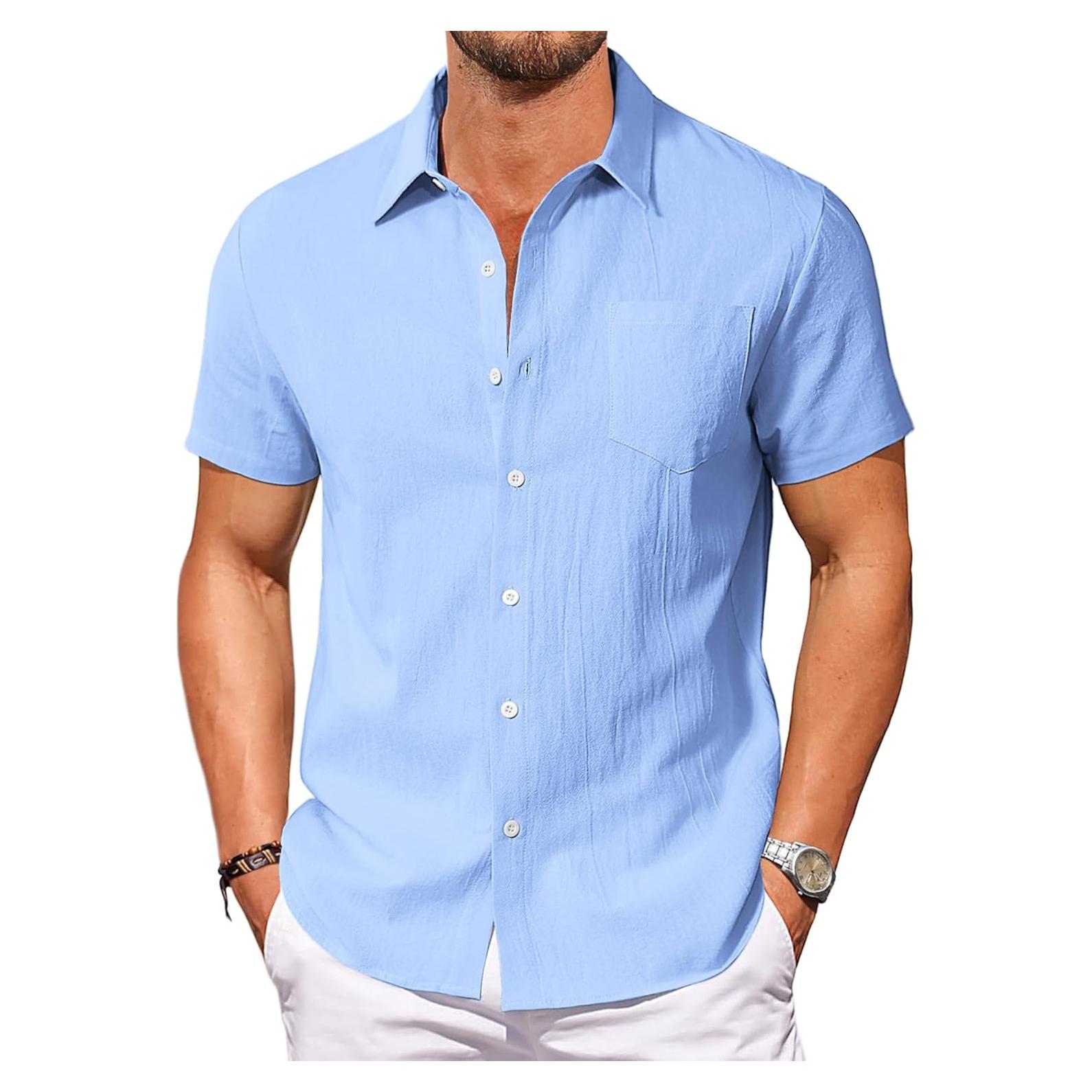 Camisa de Manga Corta Vssjavun para Hombre Algodón Azul Claro