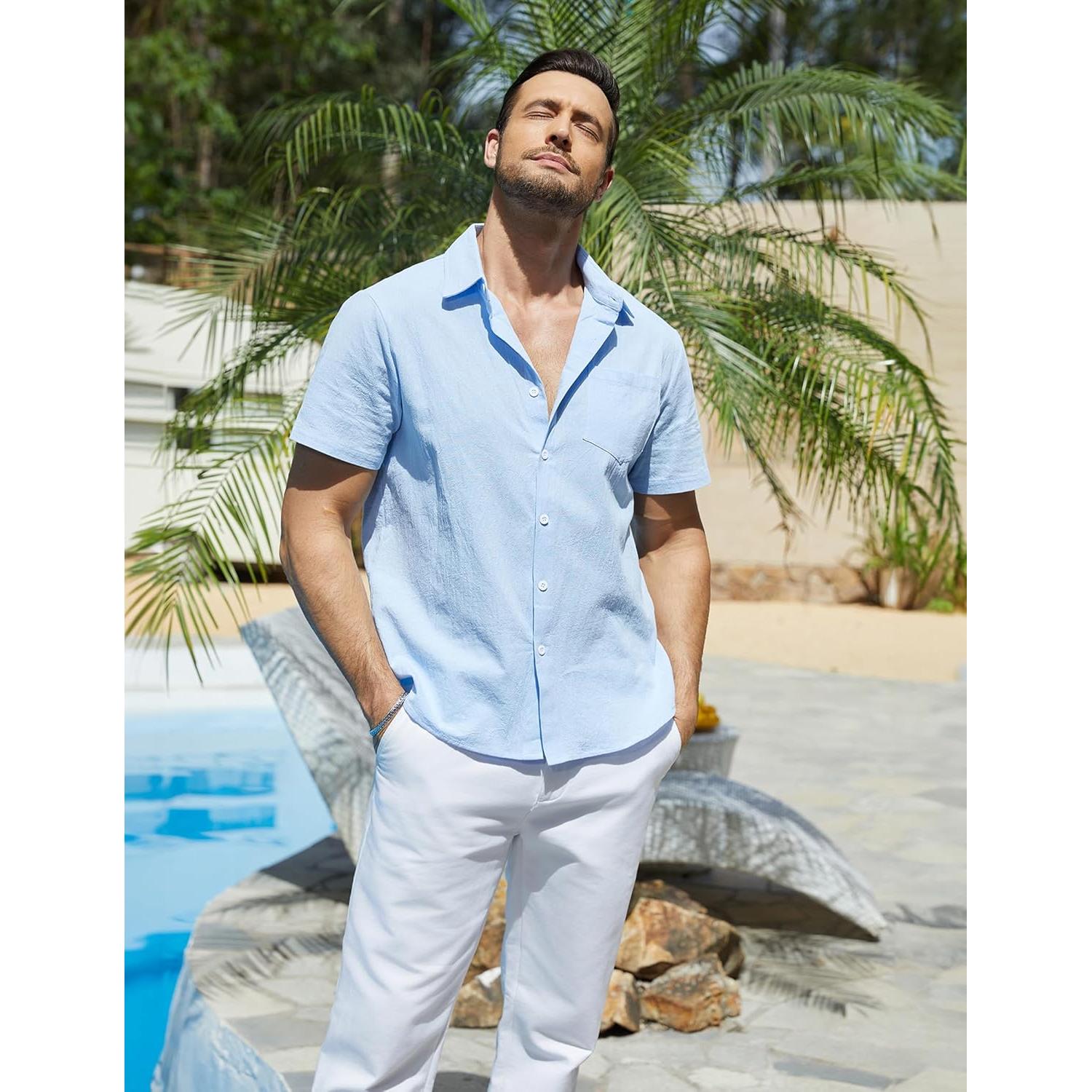 Camisa de Manga Corta Vssjavun para Hombre Algodón Azul Claro