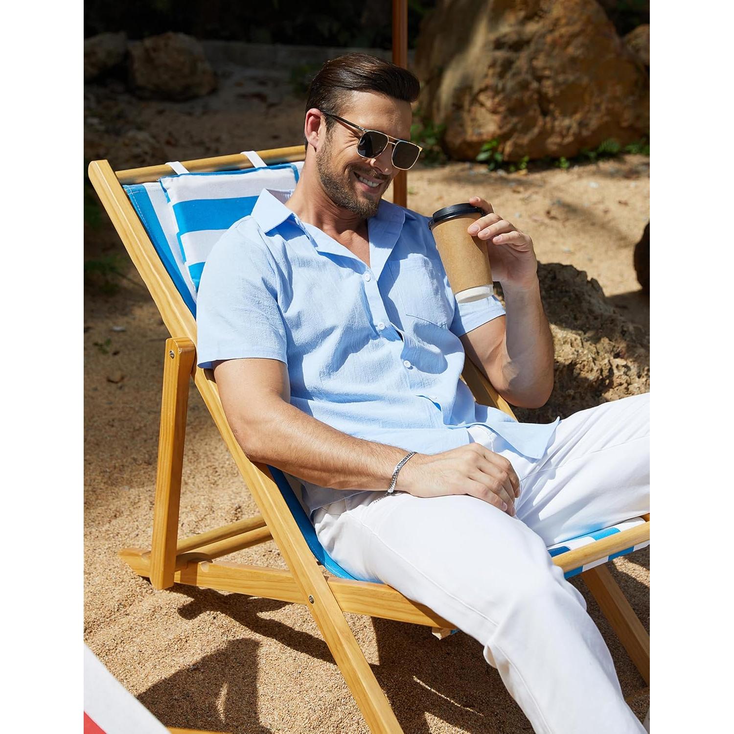 Camisa de Manga Corta Vssjavun para Hombre Algodón Azul Claro