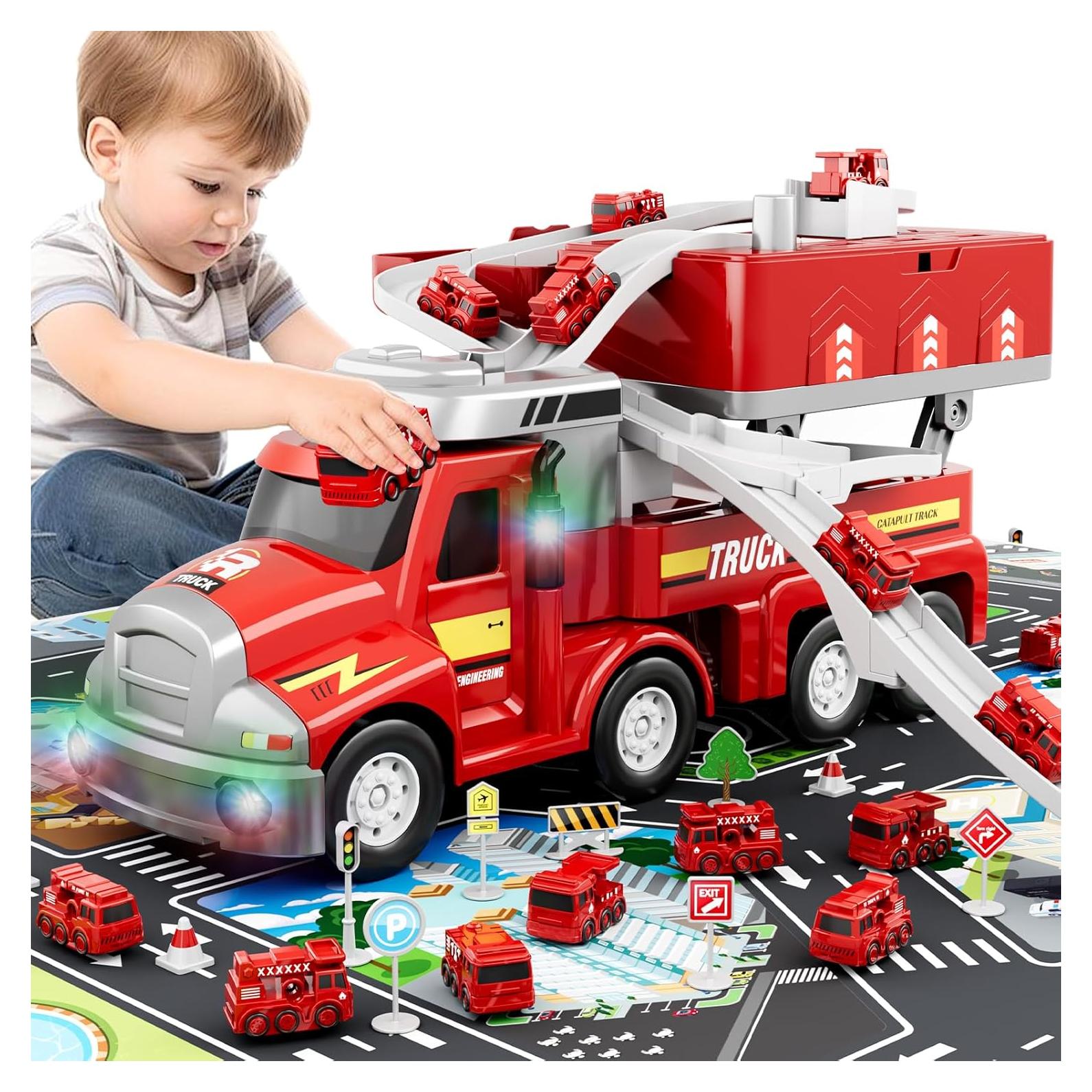 Camión de Bomberos Dwi Dowellin con 4 Autos y Alfombrilla