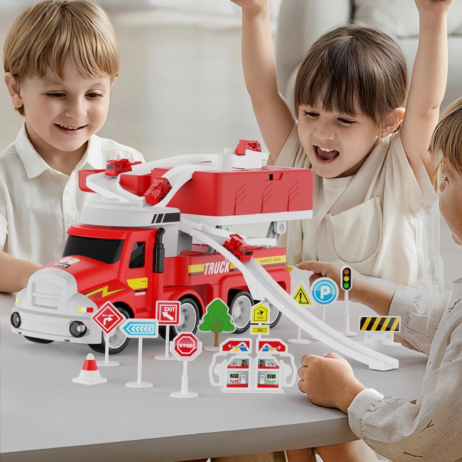 Camión de Bomberos Dwi Dowellin con 4 Autos y Alfombrilla