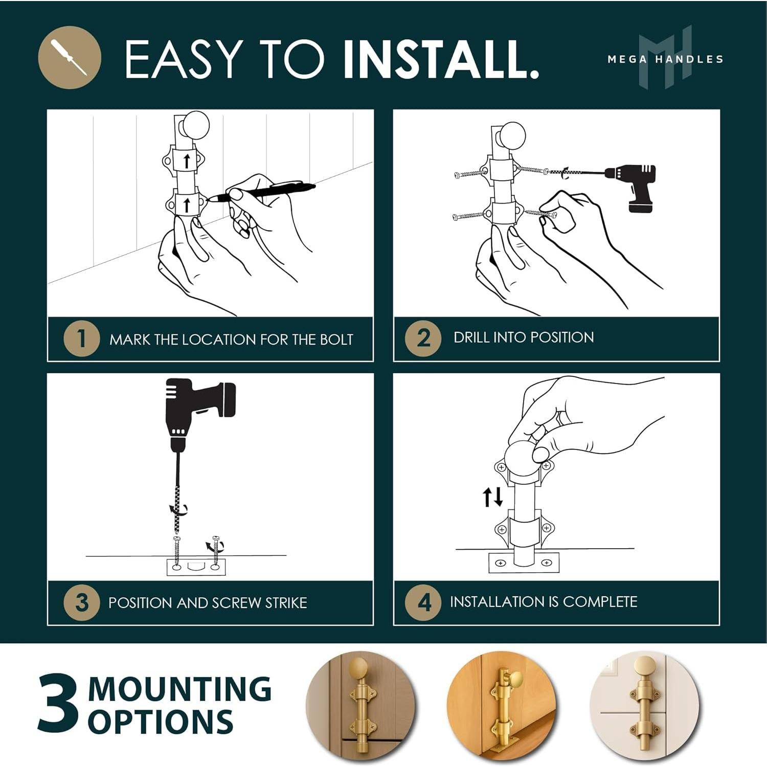 Cerrojo Deslizante Mega Manijas 4 cm Latón Satinado Fácil Instalación