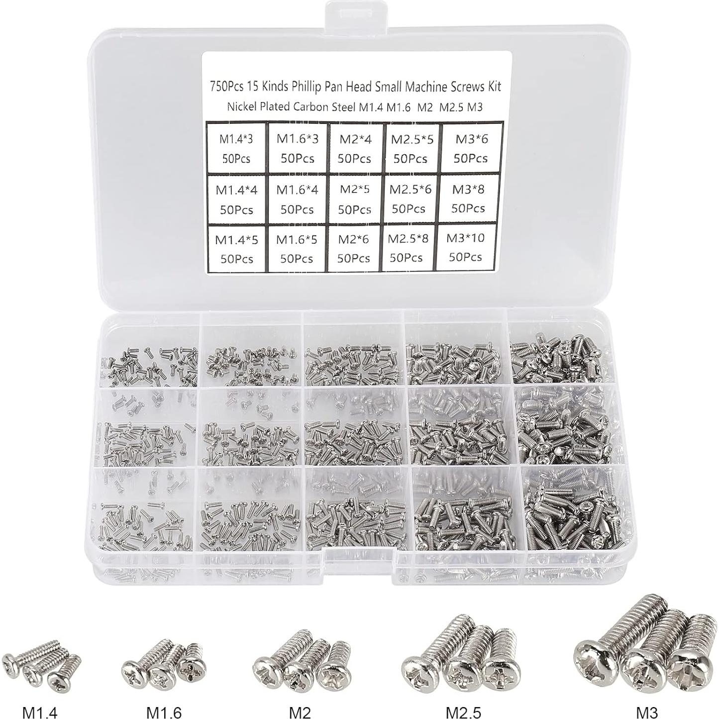 Kit de 750 Tornillos M1.4 a M3 Phillips HanTof para Mini Equipos
