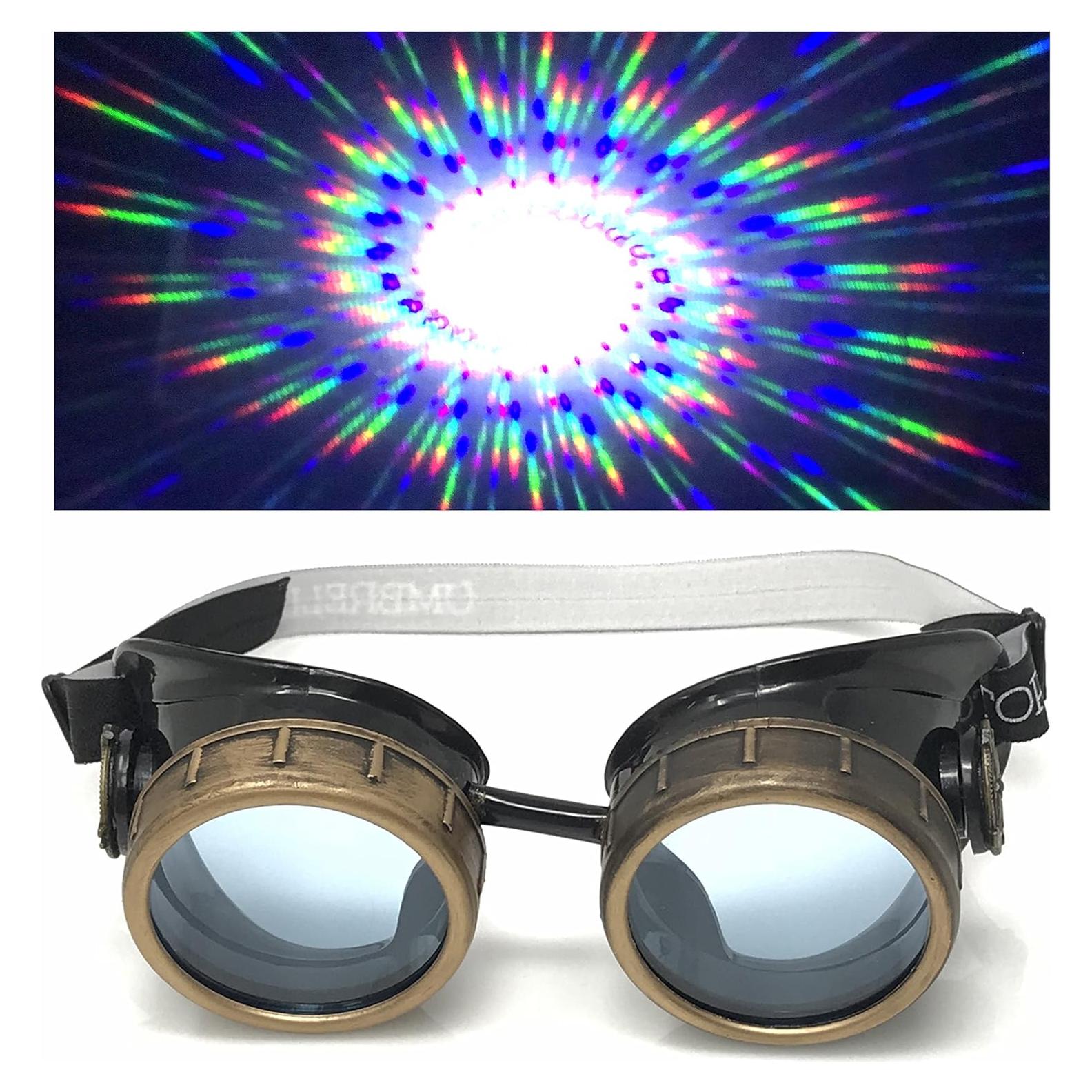 Gafas Steampunk Victoriano Azul Neón con Lentes de Difracción