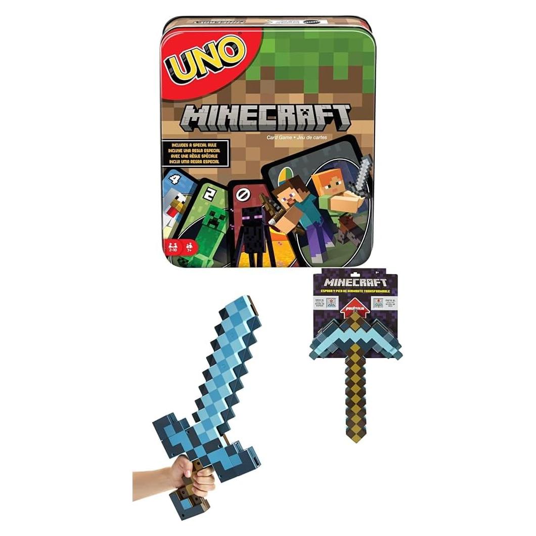 Juego de Cartas UNO Minecraft + Espada y Pico de Diamante Mattel