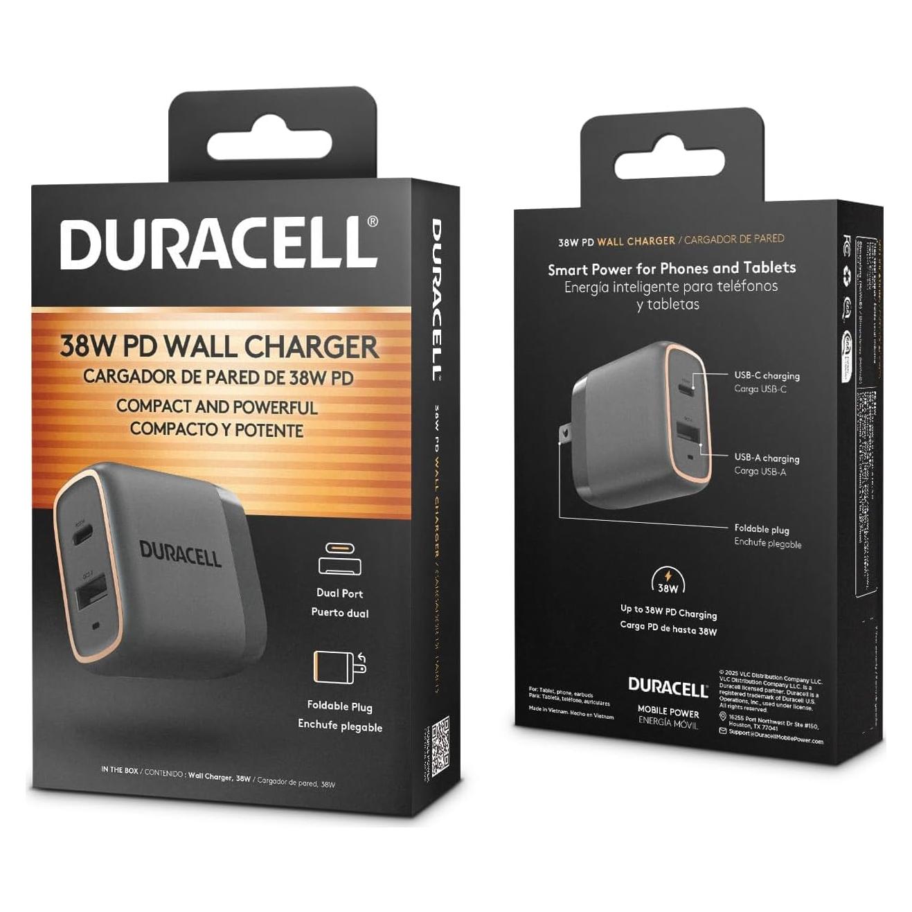 Cargador de Pared Plegable Duracell 38W USB-A y USB-C