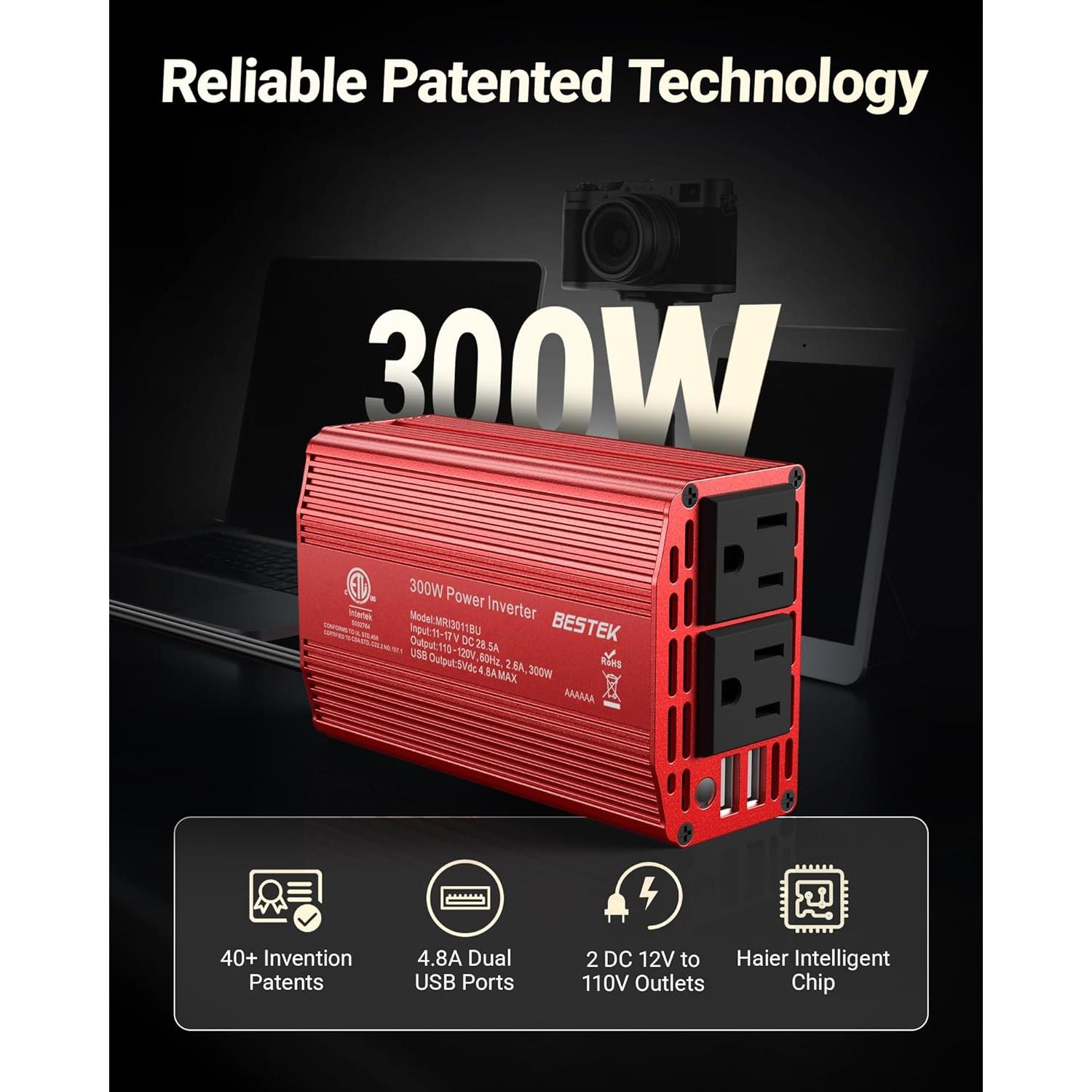 Inversor de Potencia BESTEK 300W DC 12V a AC 110V con USB