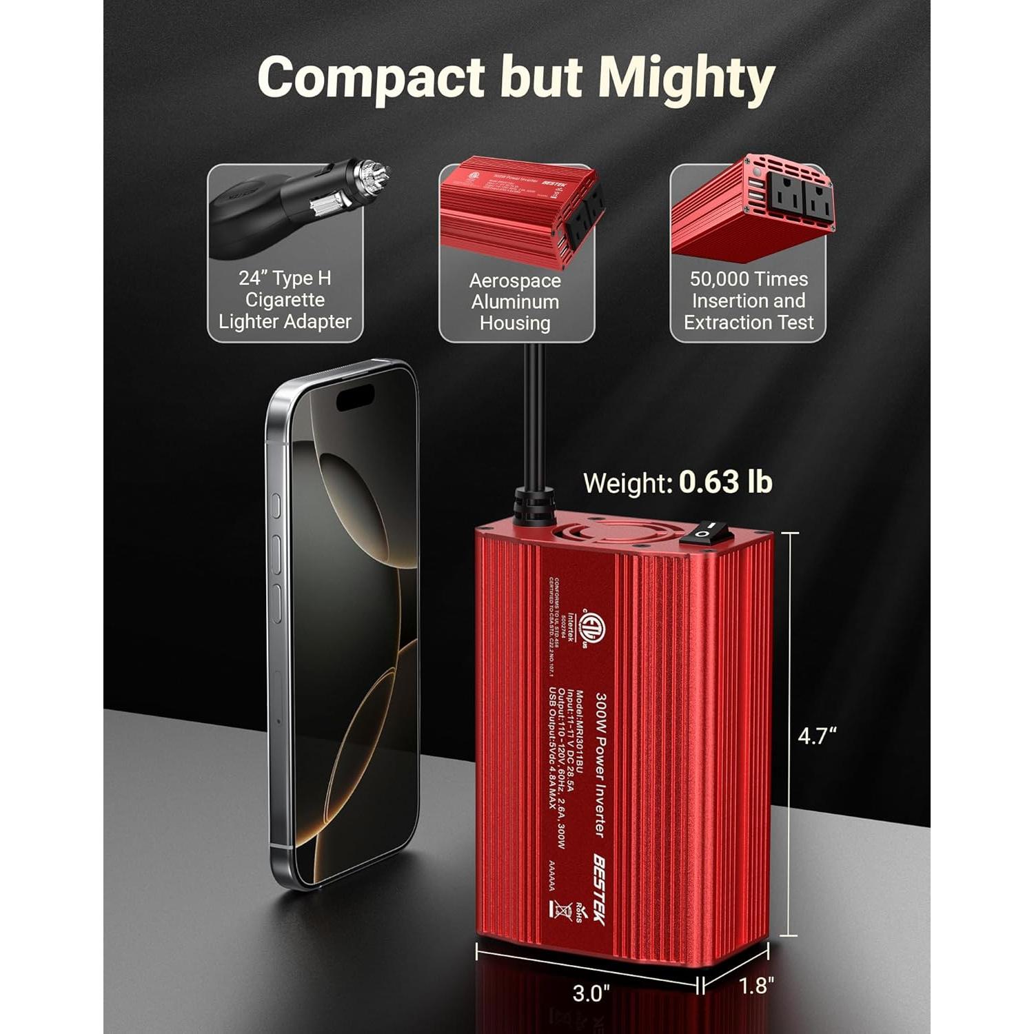 Inversor de Potencia BESTEK 300W DC 12V a AC 110V con USB