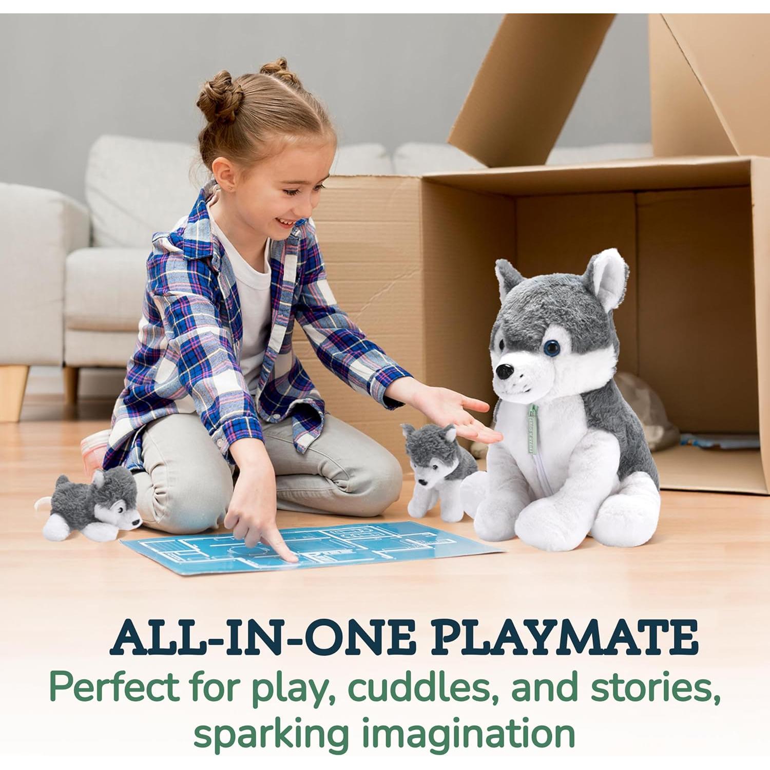 Animal de Peluche Husky Mamá con 2 Cachorros - 40 cm