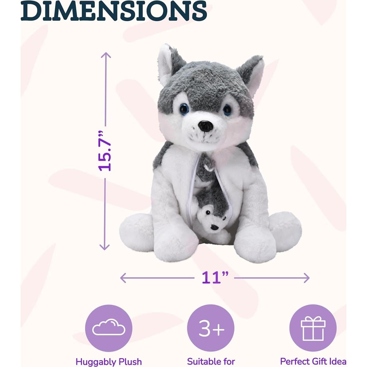 Animal de Peluche Husky Mamá con 2 Cachorros - 40 cm