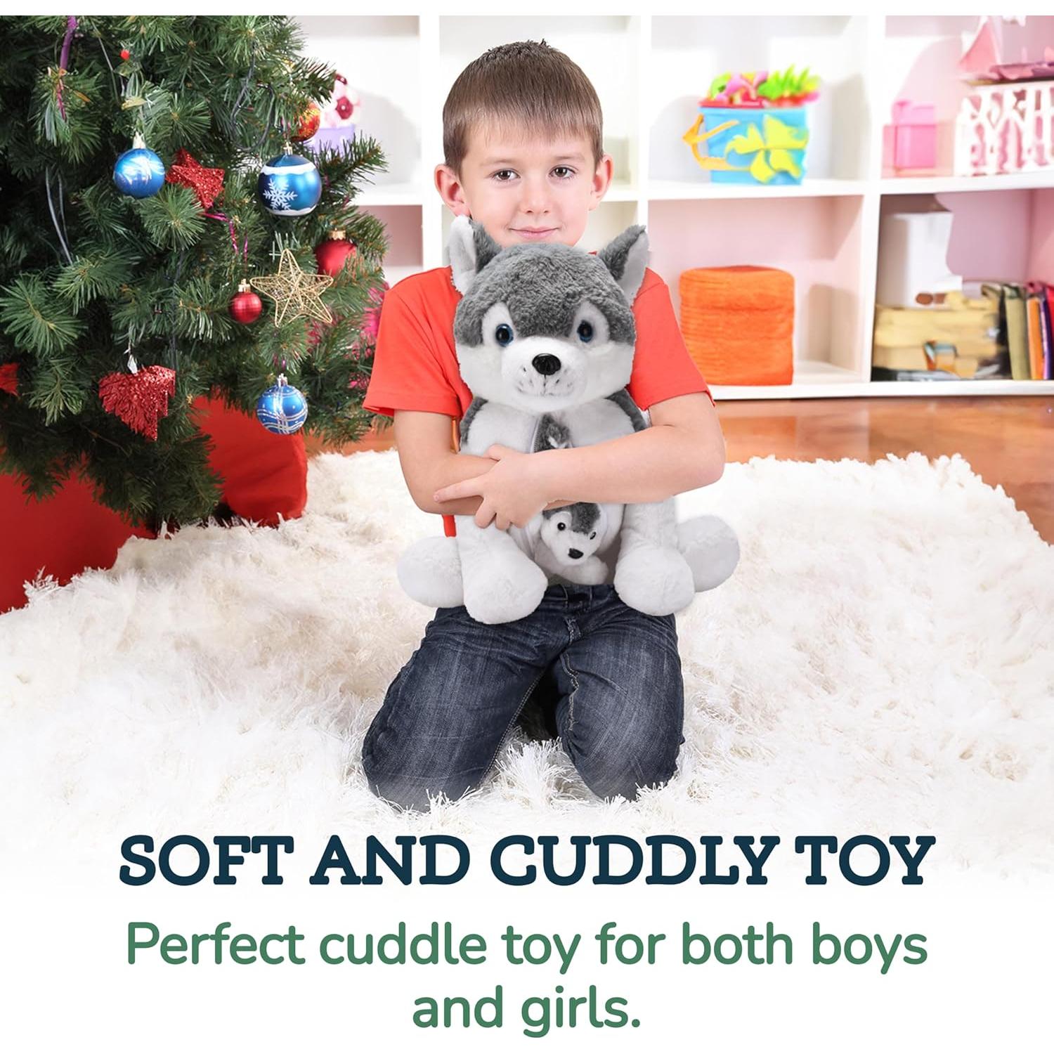 Animal de Peluche Husky Mamá con 2 Cachorros - 40 cm