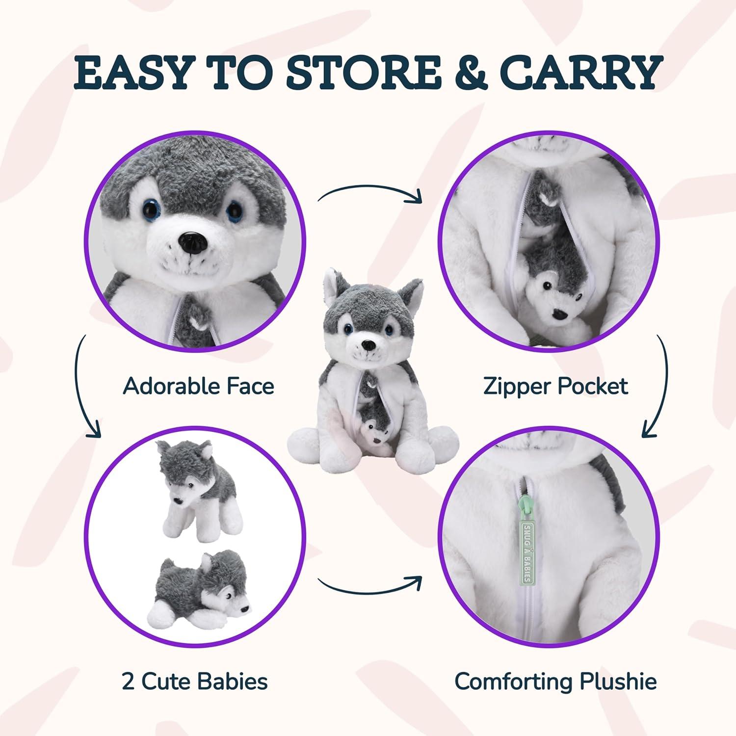 Animal de Peluche Husky Mamá con 2 Cachorros - 40 cm