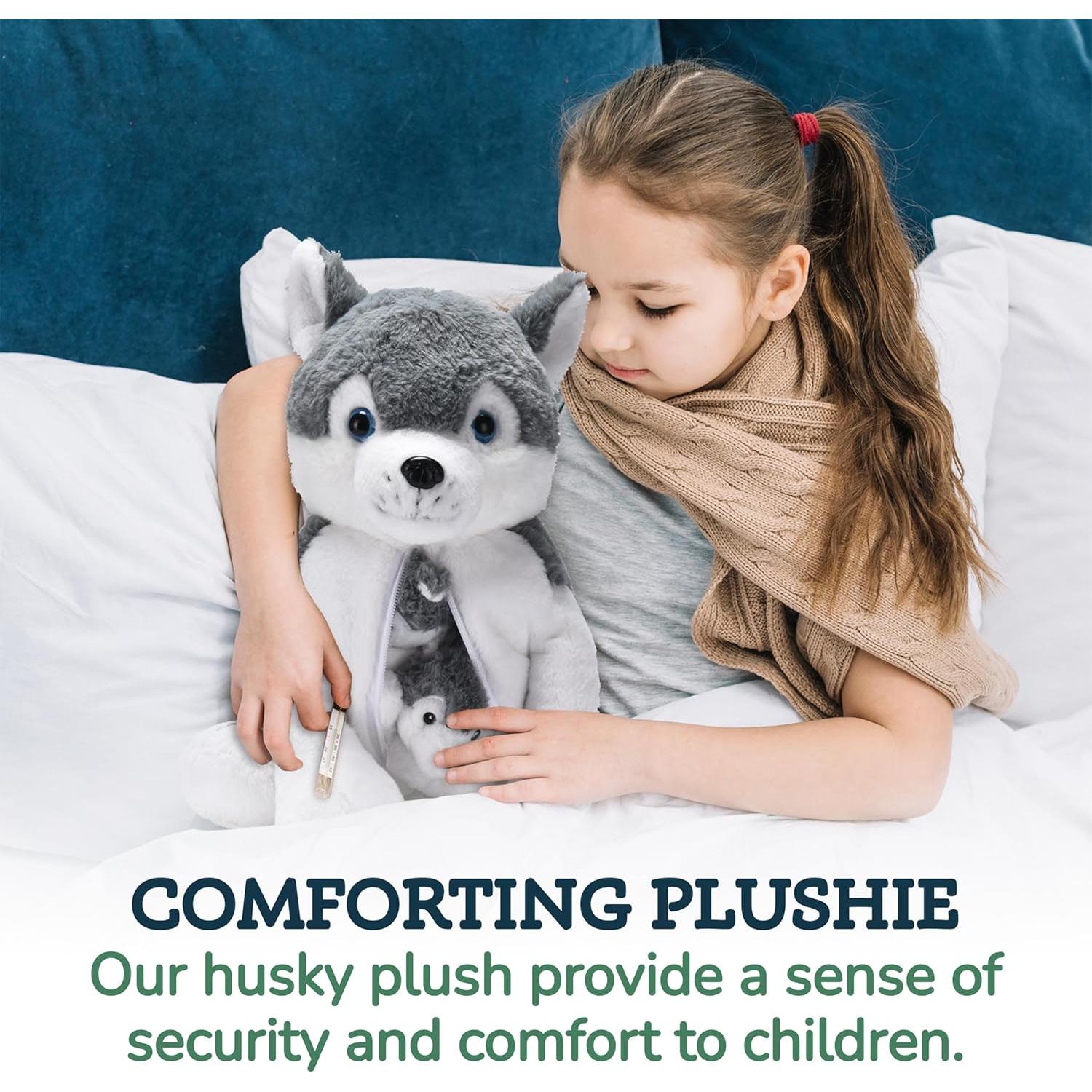 Animal de Peluche Husky Mamá con 2 Cachorros - 40 cm