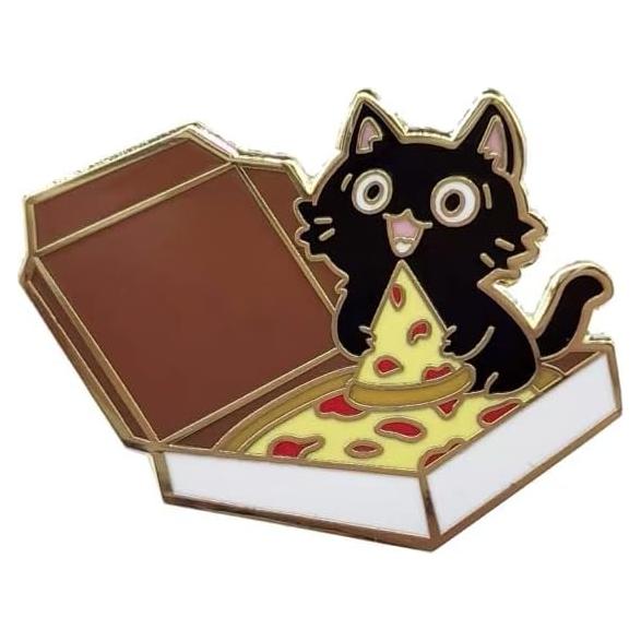 Pin de Esmalte Gato Negro Comiendo Pizza - Broche Kawaii