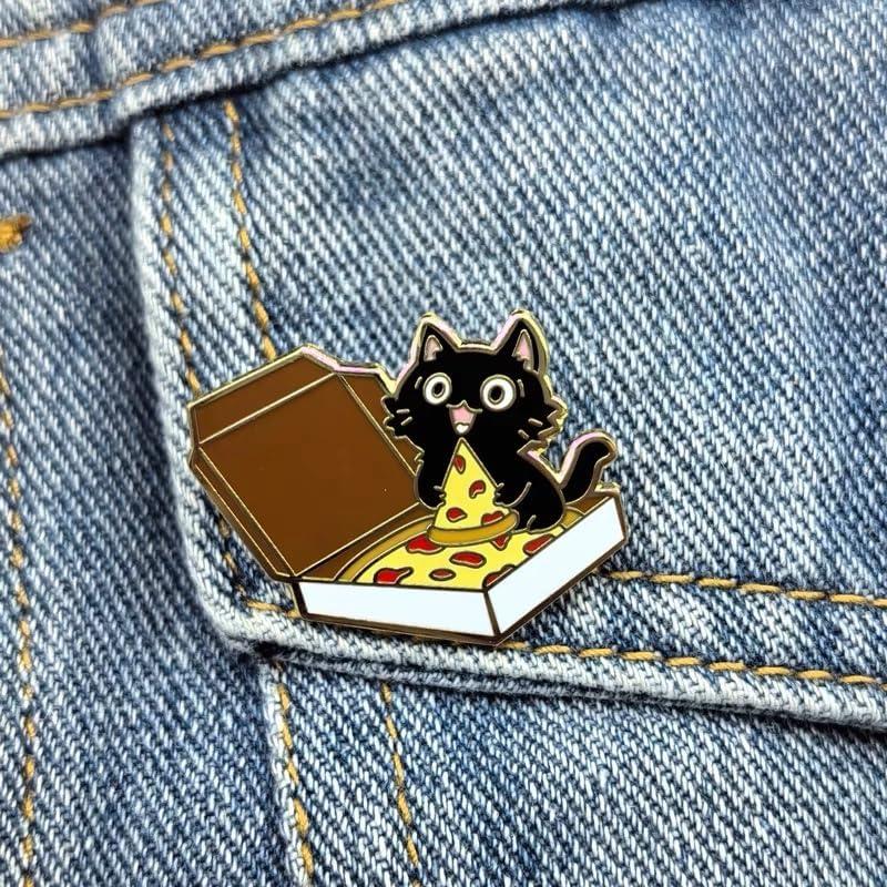 Pin de Esmalte Gato Negro Comiendo Pizza - Broche Kawaii