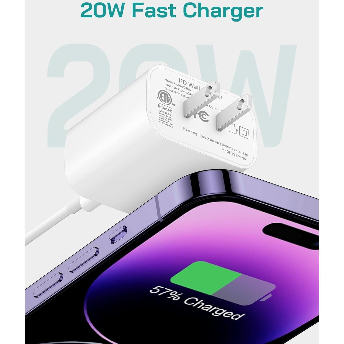 Cargador Rápido USB-C 20W Juusmart + 2 Cables 6FT para iPhone
