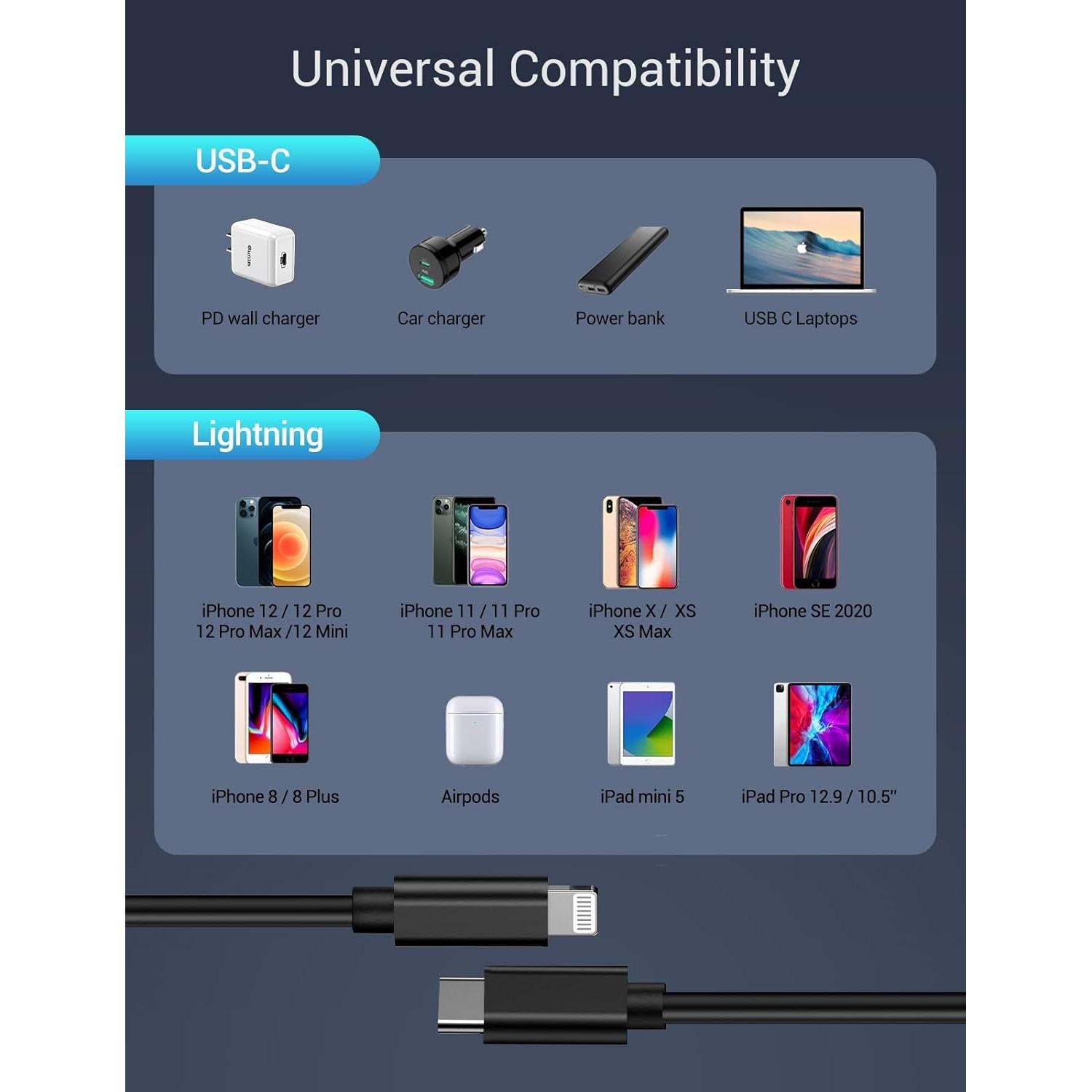 Cable USB-C a Lightning Quntis 3FT Carga Rápida 3Pack Negro