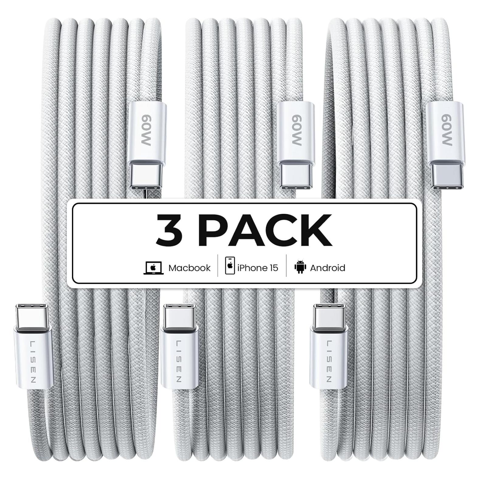Cable USB C a USB C LISEN 60W Carga Rápida 3Pack 2m Blanco
