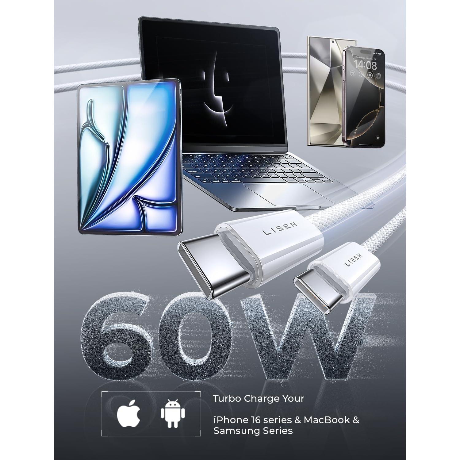 Cable USB C a USB C LISEN 60W Carga Rápida 3Pack 2m Blanco