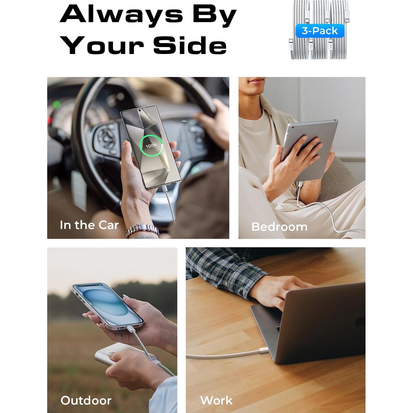 Cable USB C a USB C LISEN 60W Carga Rápida 3Pack 2m Blanco