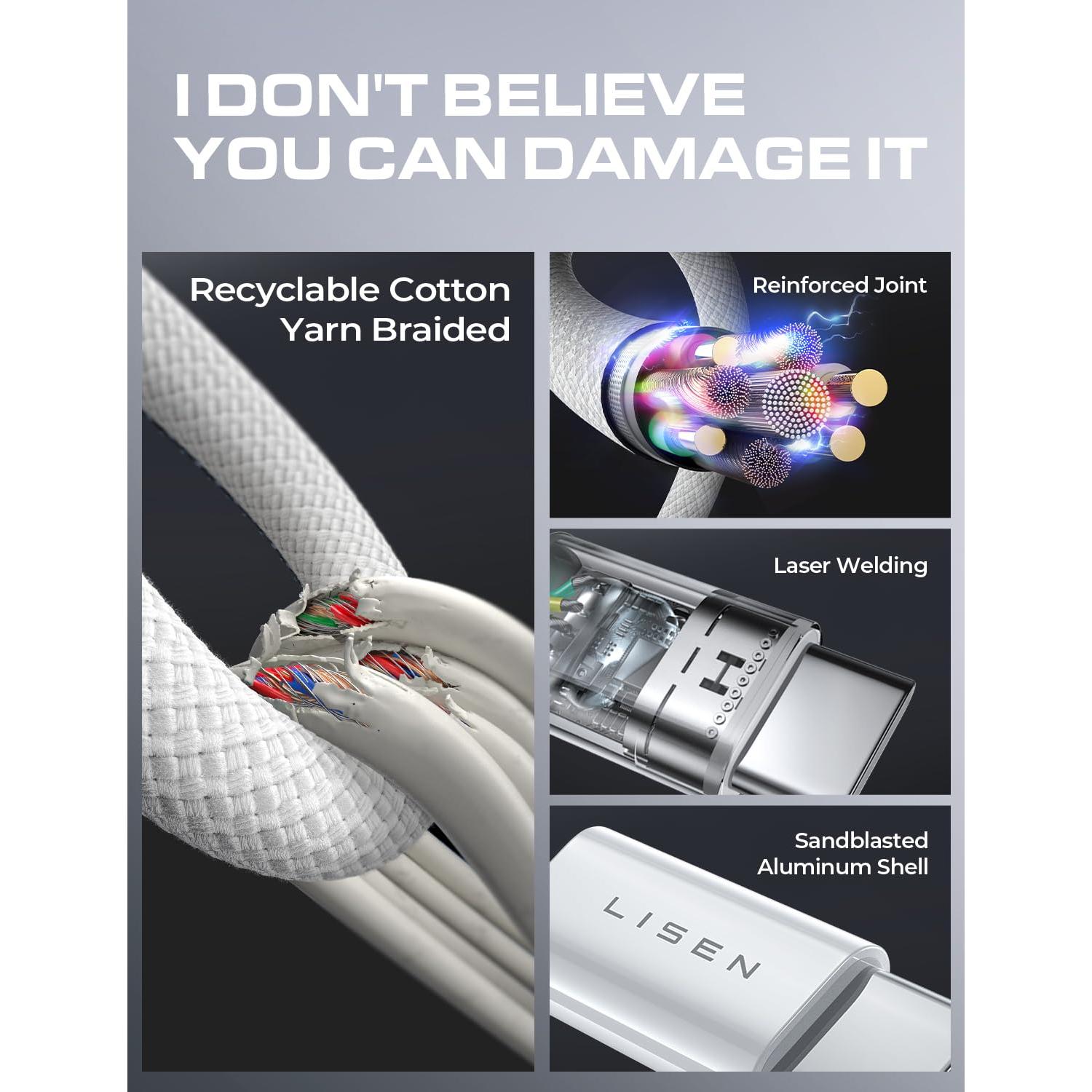 Cable USB C a USB C LISEN 60W Carga Rápida 3Pack 2m Blanco