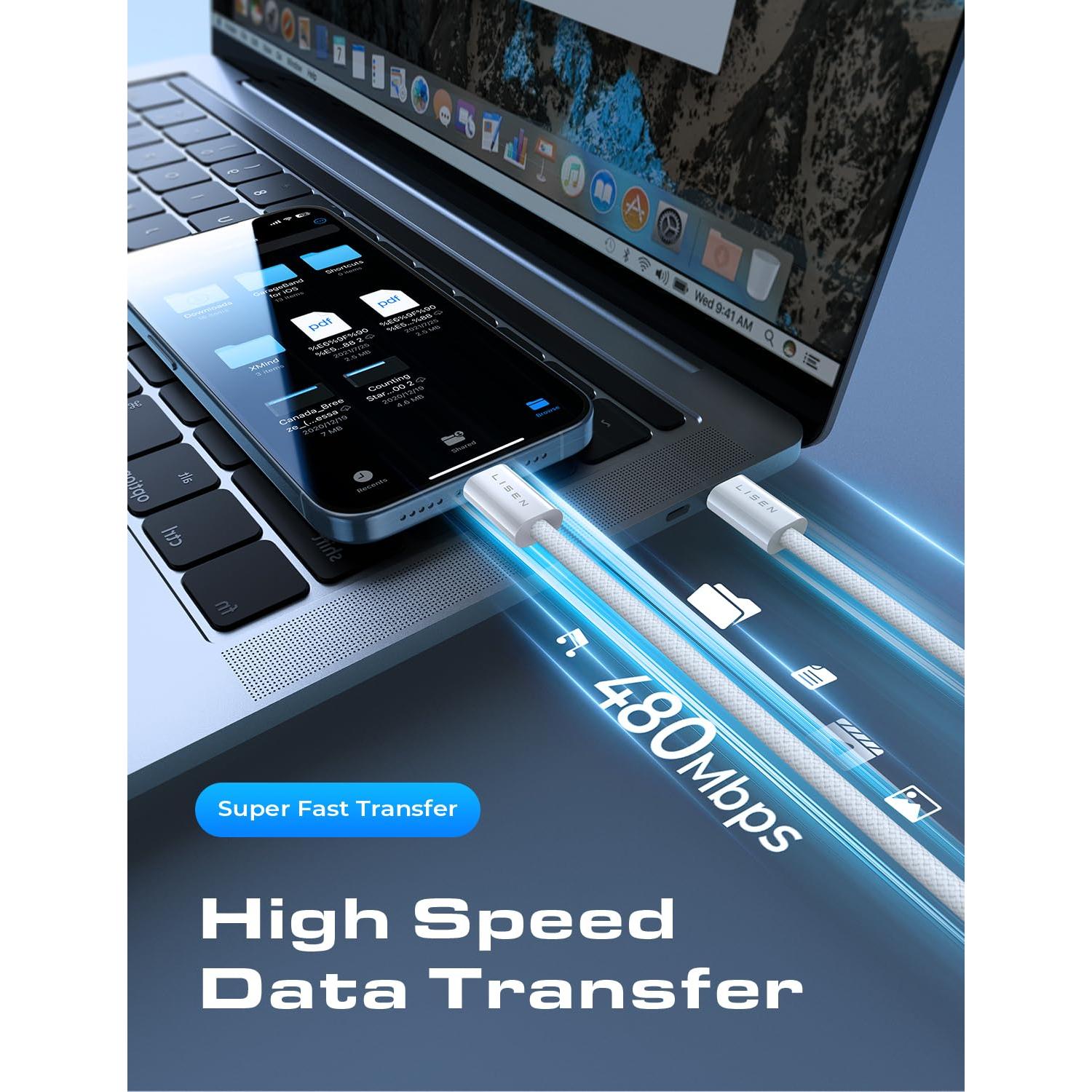 Cable USB C a USB C LISEN 60W Carga Rápida 3Pack 2m Blanco