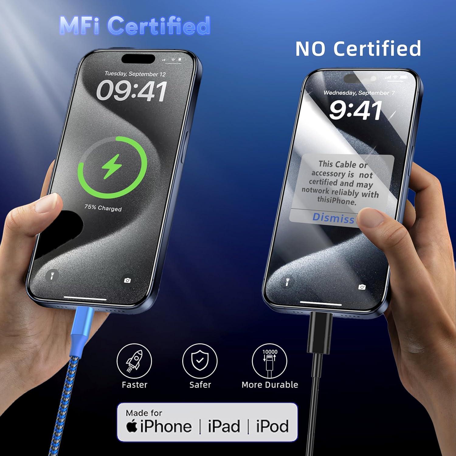 Cargador para iPhone MenoSupp 3Pack 10FT Nylon Trenzado MFi