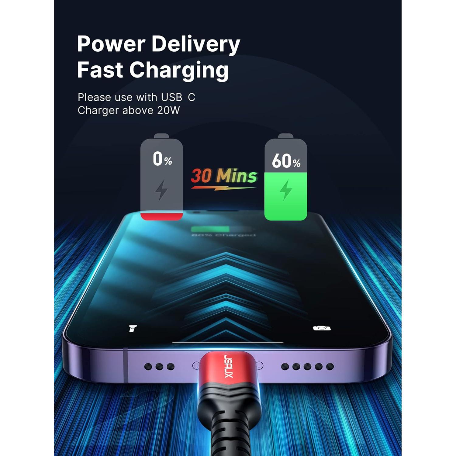 Cable USB C a Lightning JSAUX 1.2M Carga Rápida MFi Rojo