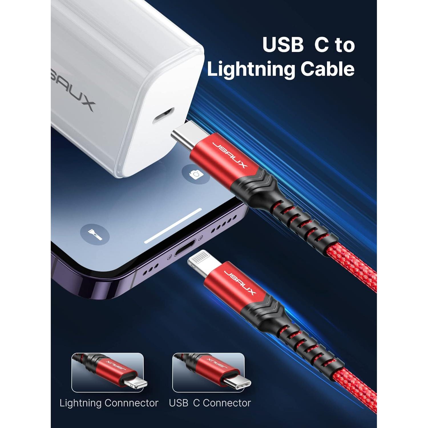 Cable USB C a Lightning JSAUX 1.2M Carga Rápida MFi Rojo