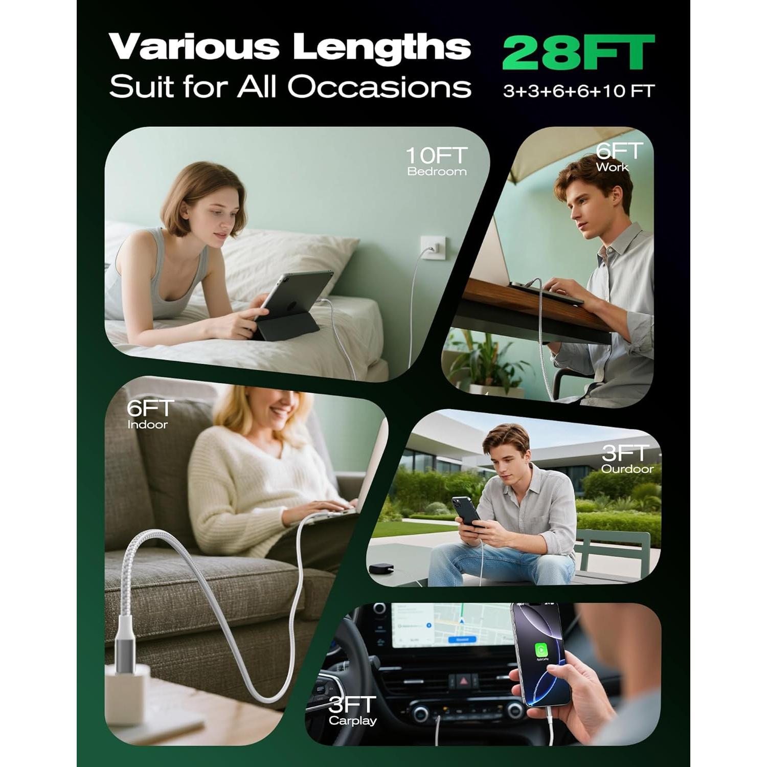 Cable USB C 5 Pack SwaggWood 60W Carga Rápida 0.91-3.05m