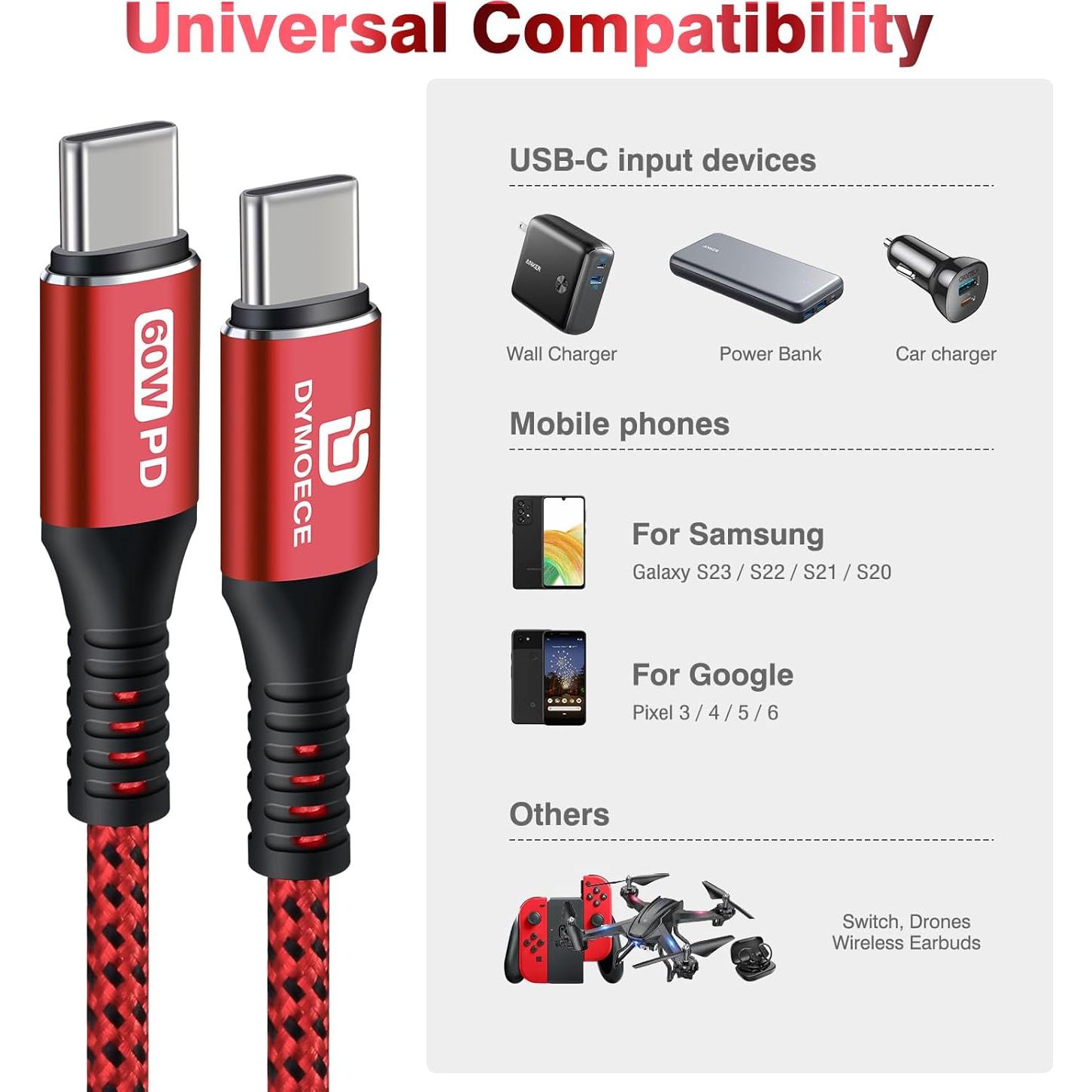 Cable USB C a USB C 1.83m Dymoece 5Pack Carga Rápida 60W